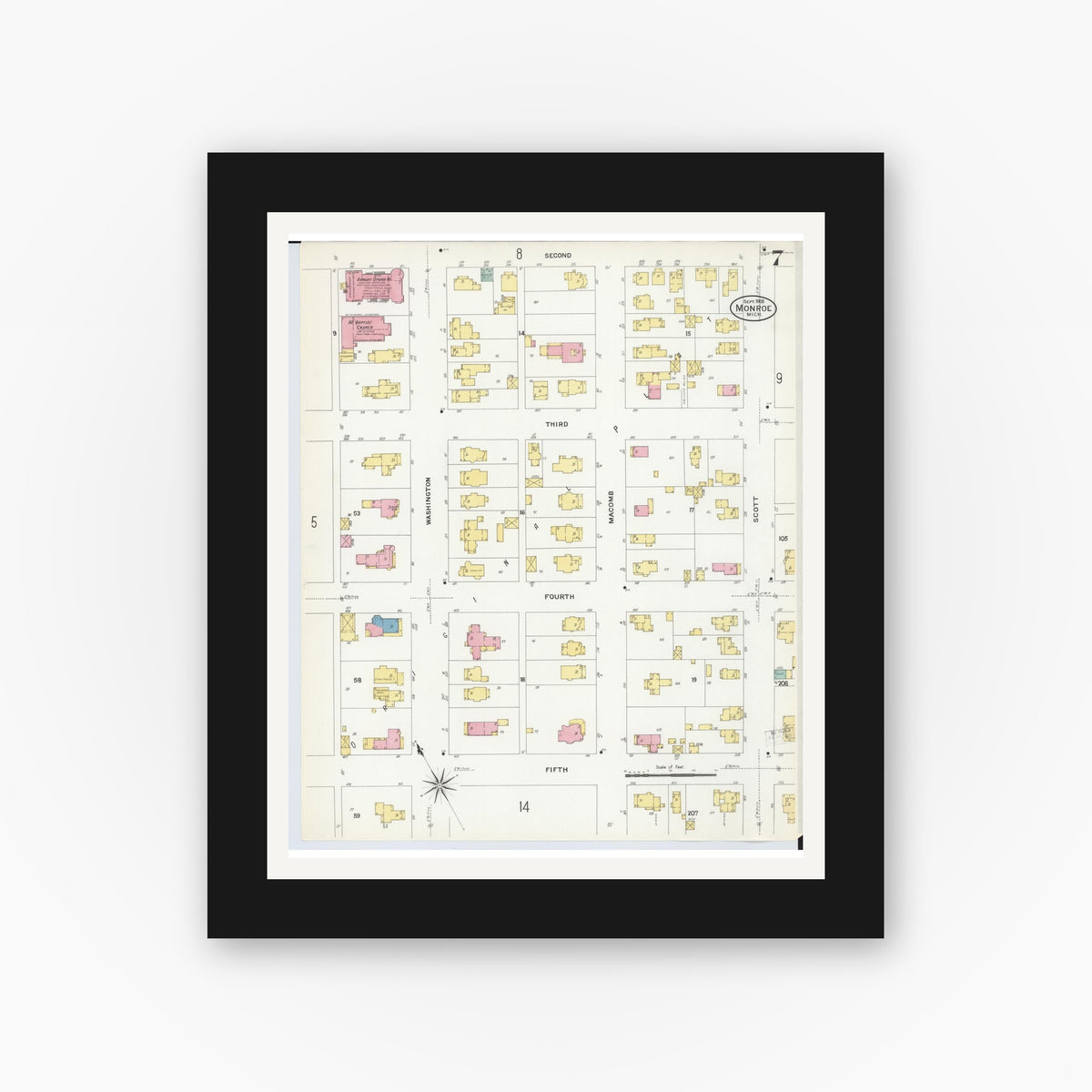 Old map wall art mockup — black gallery frame with white mat — Sanborn Fire Insurance Map from Monroe, Monroe County, Michigan (1908), Sheet #0007