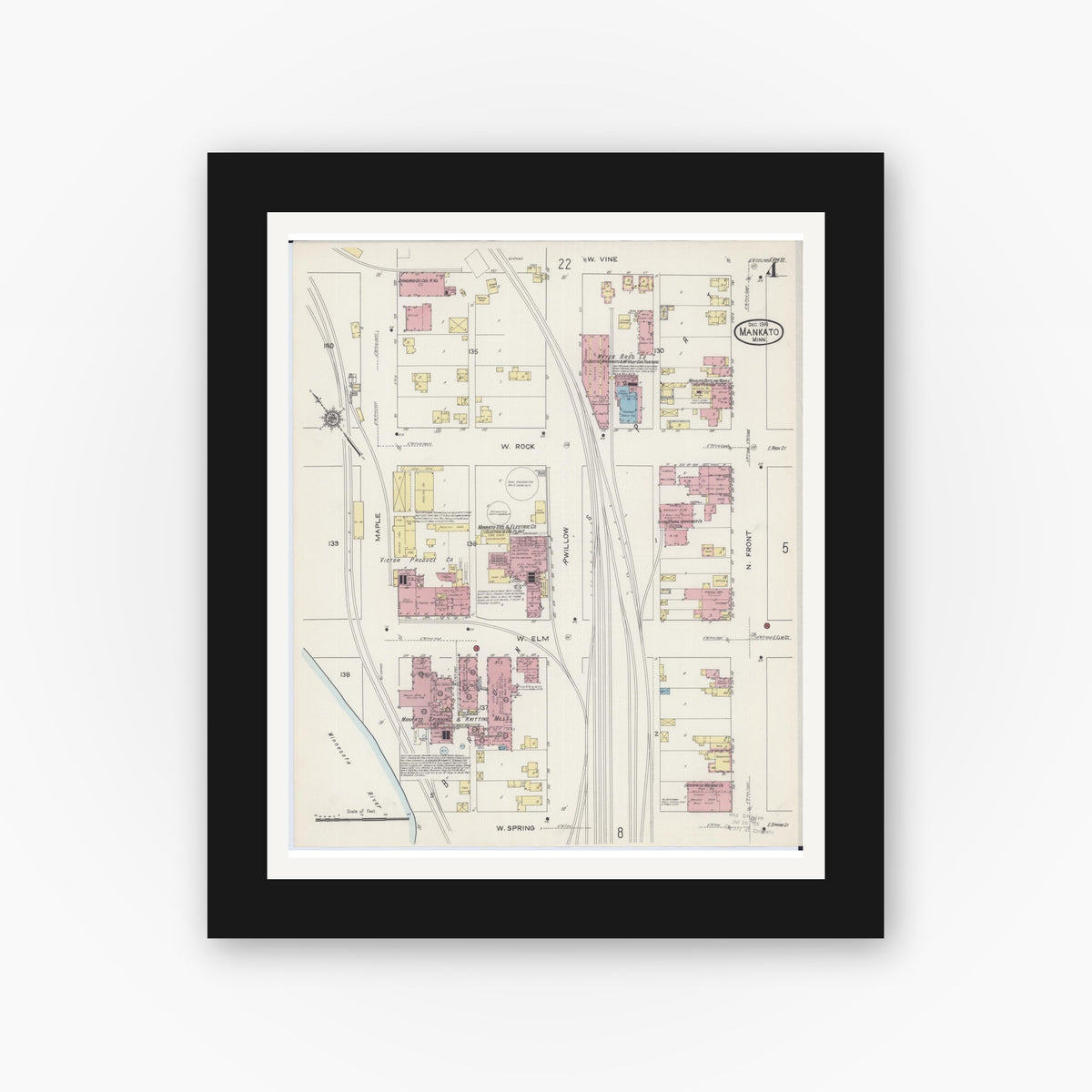 Old map wall art mockup — black gallery frame with white mat — Sanborn Fire Insurance Map from Mankato, Blue Earth County, Minnesota (1914), Sheet #0004