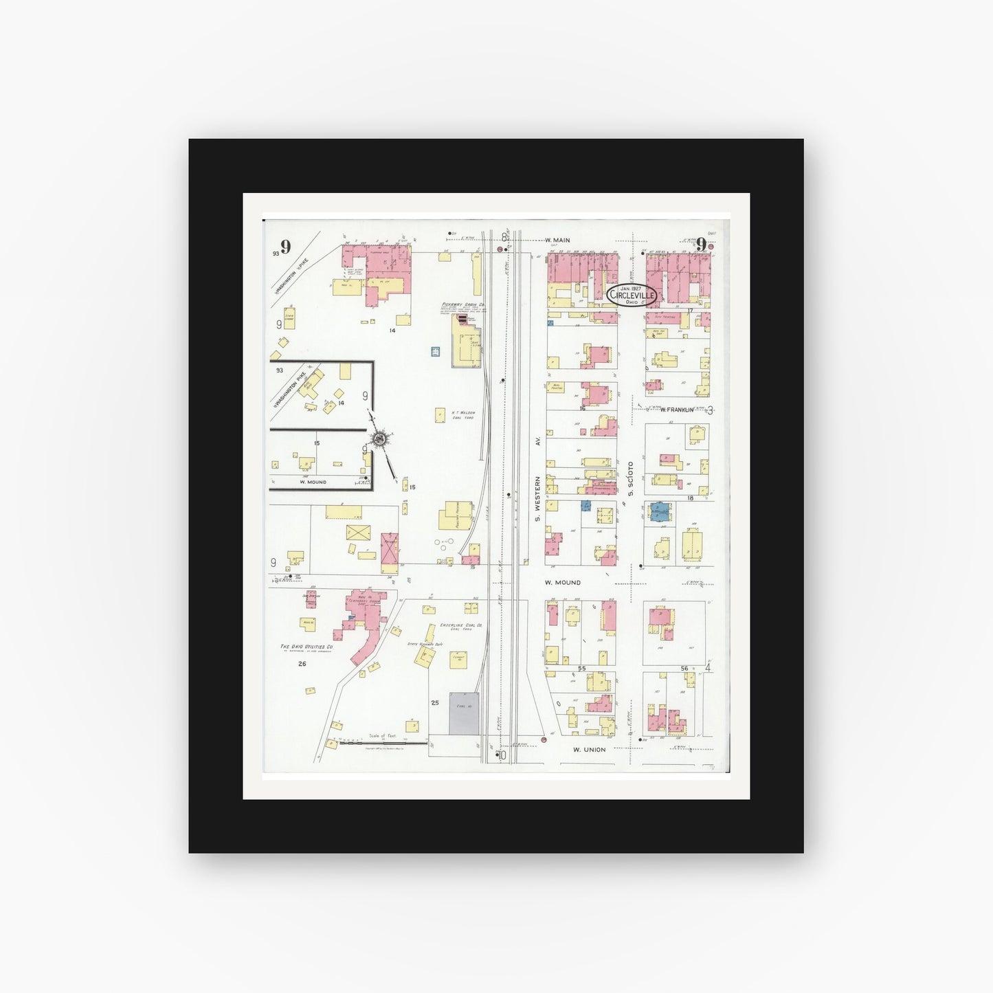 Old map wall art mockup — black gallery frame with white mat — Sanborn Fire Insurance Map from Circleville, Pickaway County, Ohio (1927), Sheet #0009
