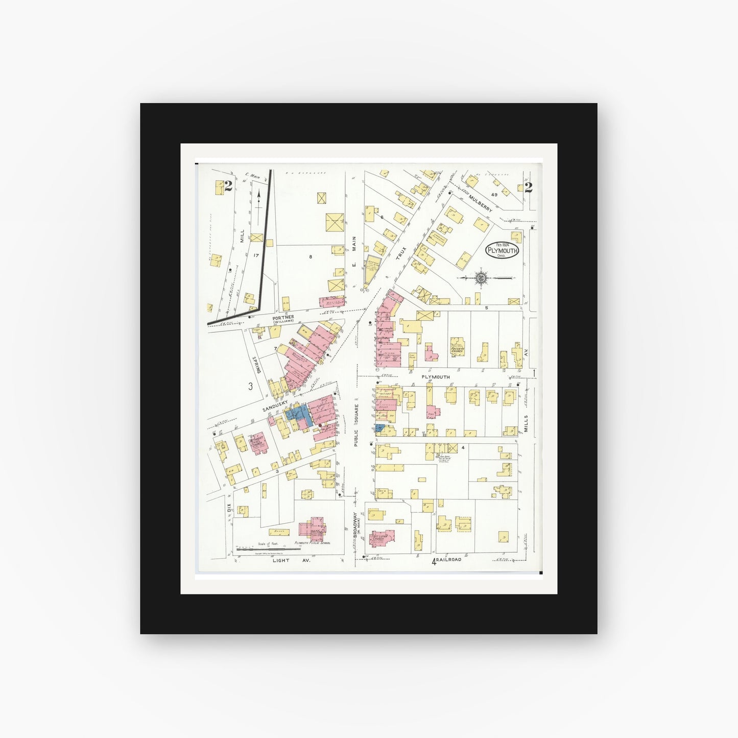 Old map wall art mockup — black gallery frame with white mat — Sanborn Fire Insurance Map from Plymouth, Huron And Richland Counties, Ohio (1924), Sheet #0002