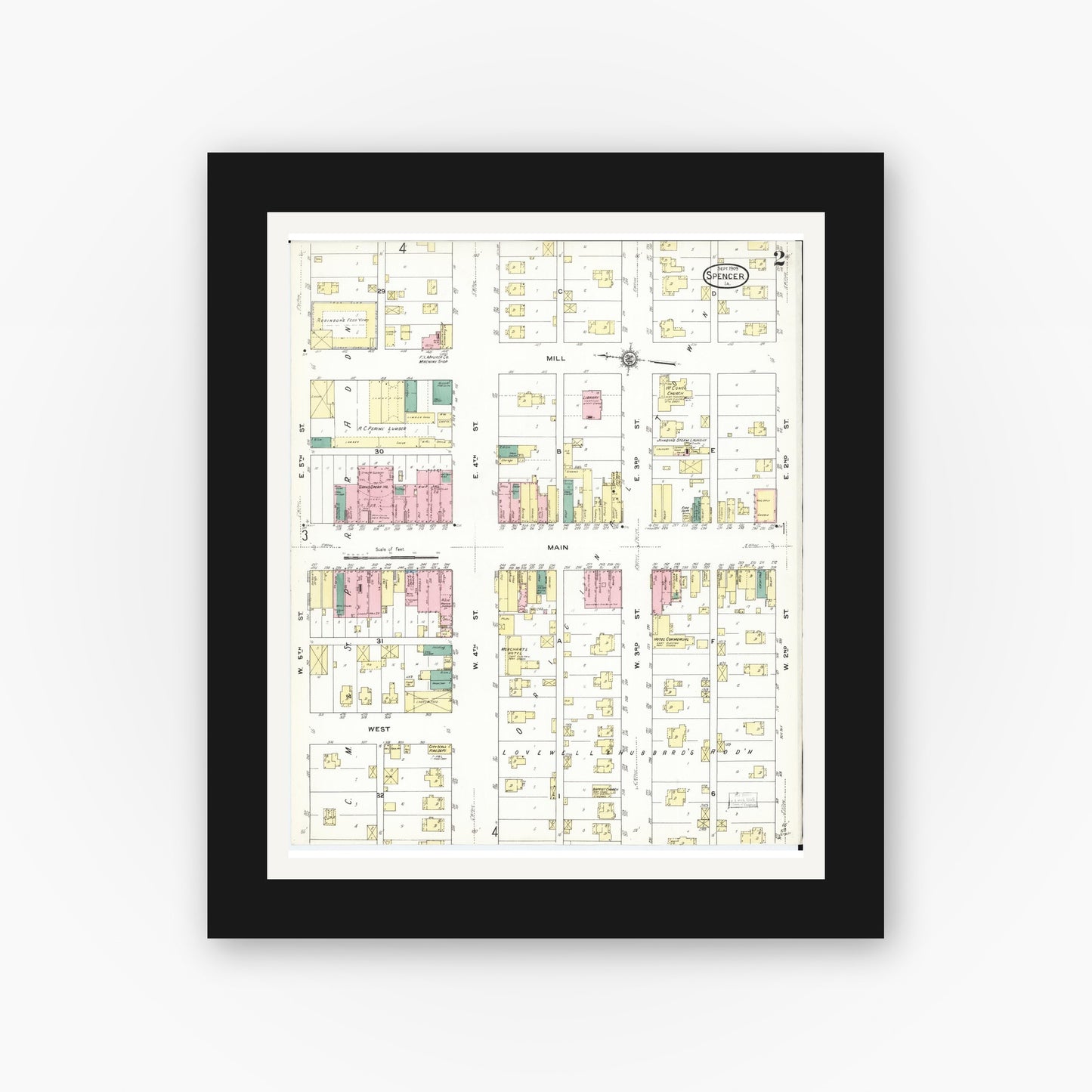Old map wall art mockup — black gallery frame with white mat — Sanborn Fire Insurance Map from Spencer, Clay County, Iowa (1909), Sheet #0002