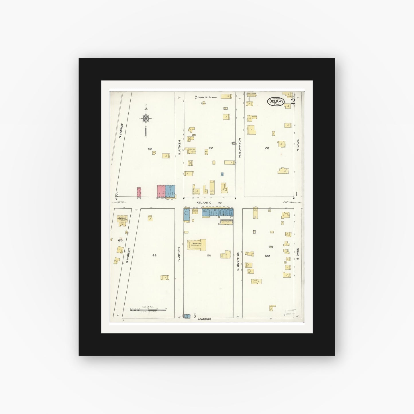 Old map wall art mockup — black gallery frame with white mat — Sanborn Fire Insurance Map from Delray, Palm Beach County, Florida (1922), Sheet #0002