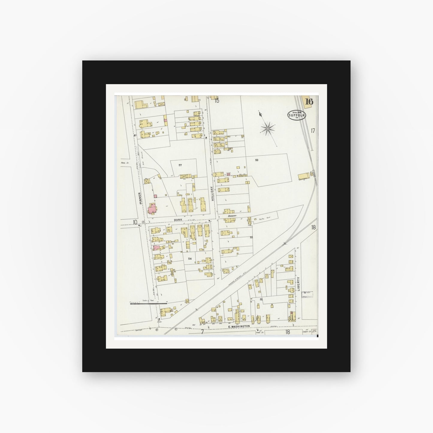 Old map wall art mockup — black gallery frame with white mat — Sanborn Fire Insurance Map from Suffolk, Independent Cities, Virginia (1898), Sheet #0016