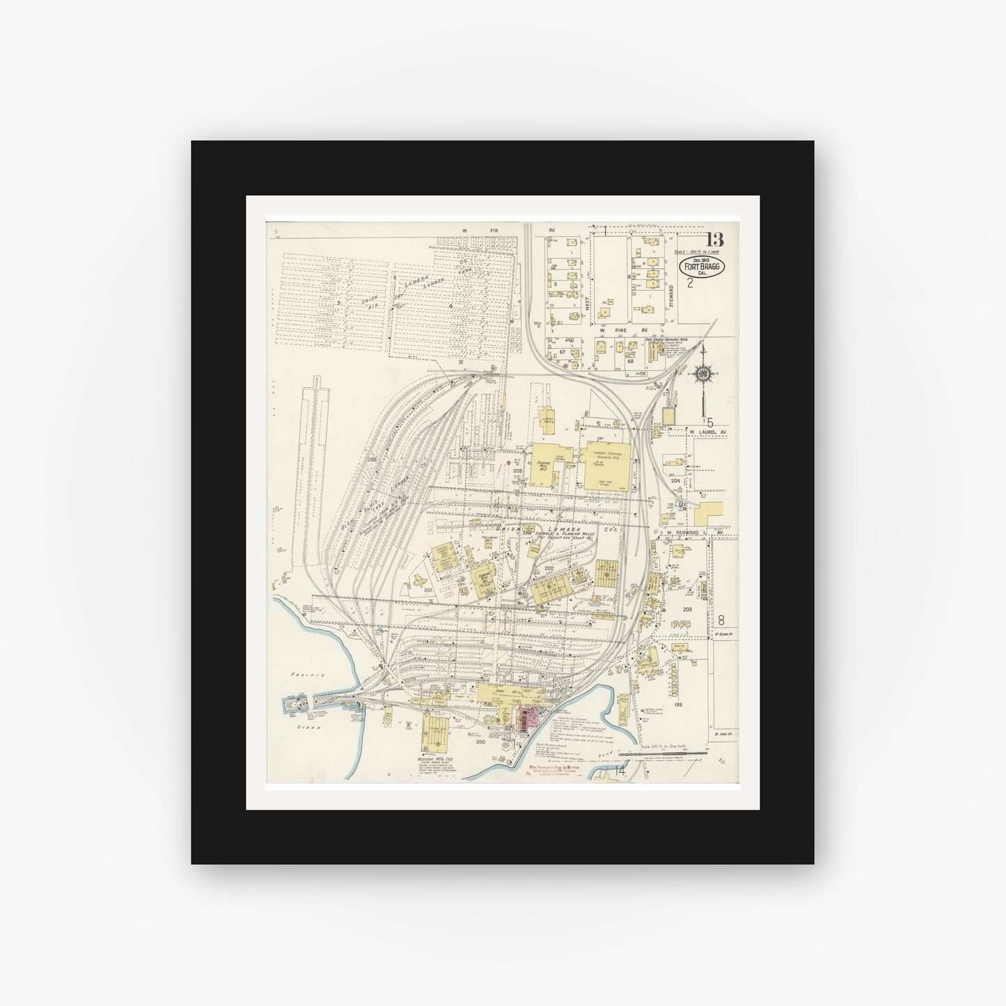 Old map wall art mockup — black gallery frame with white mat — Sanborn Fire Insurance Map from Fort Bragg, Mendocino County, California (1919), Sheet #0013