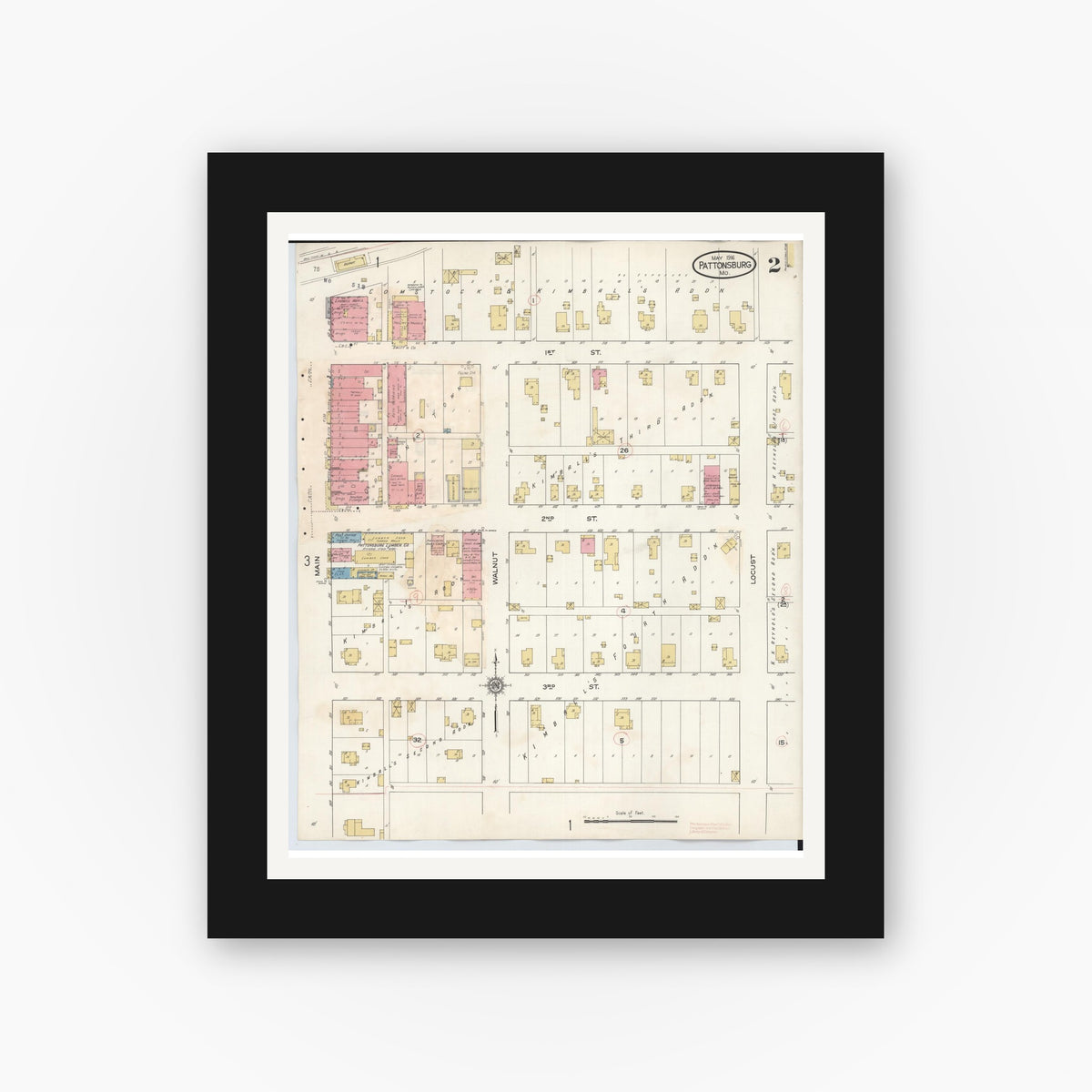 Old map wall art mockup — black gallery frame with white mat — Sanborn Fire Insurance Map from Pattonsburg, Daviess County, Missouri (1931), Sheet #0002