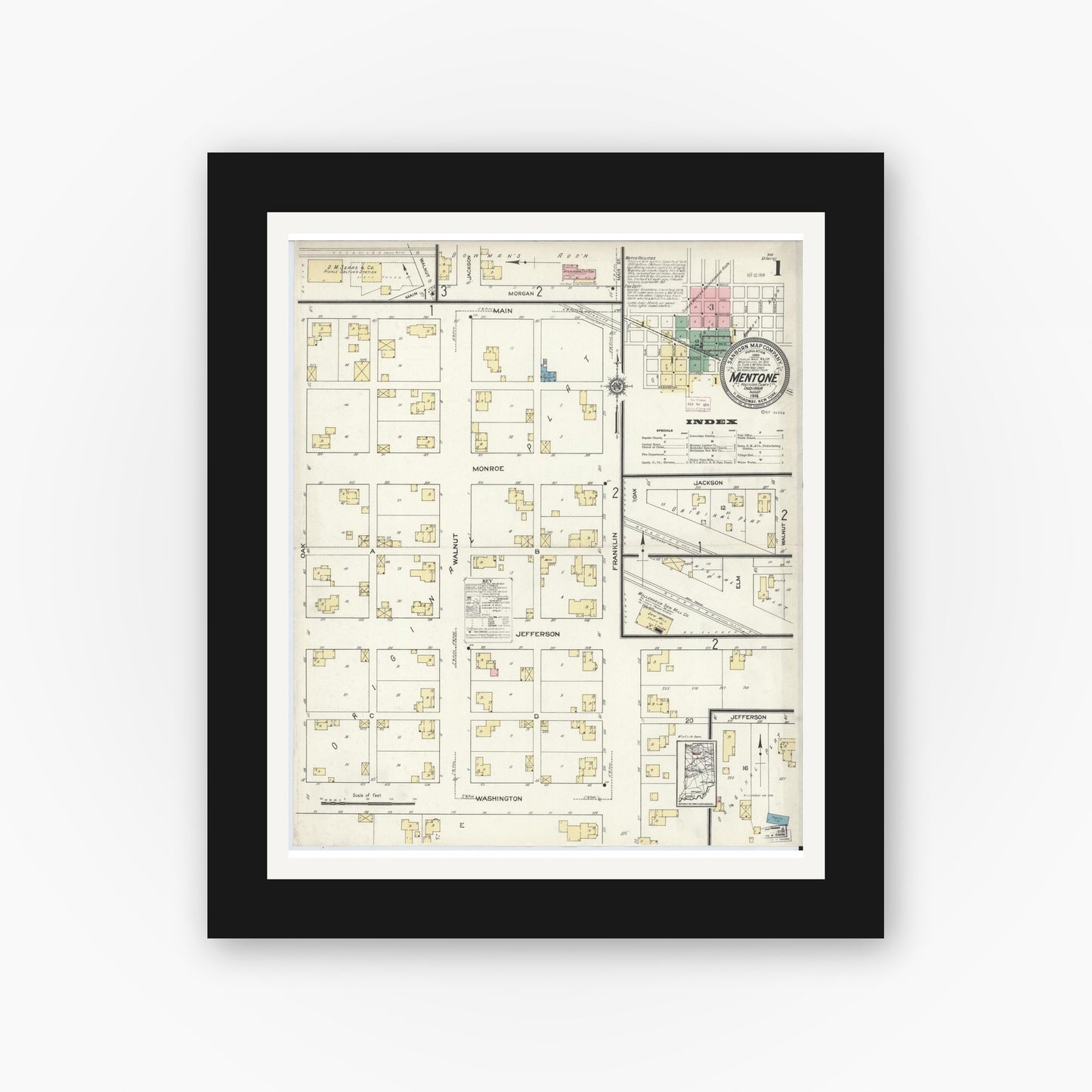 Old map wall art mockup — black gallery frame with white mat — Sanborn Fire Insurance Map from Mentone, Kosciusko County, Indiana (1914) - Complete Map Set