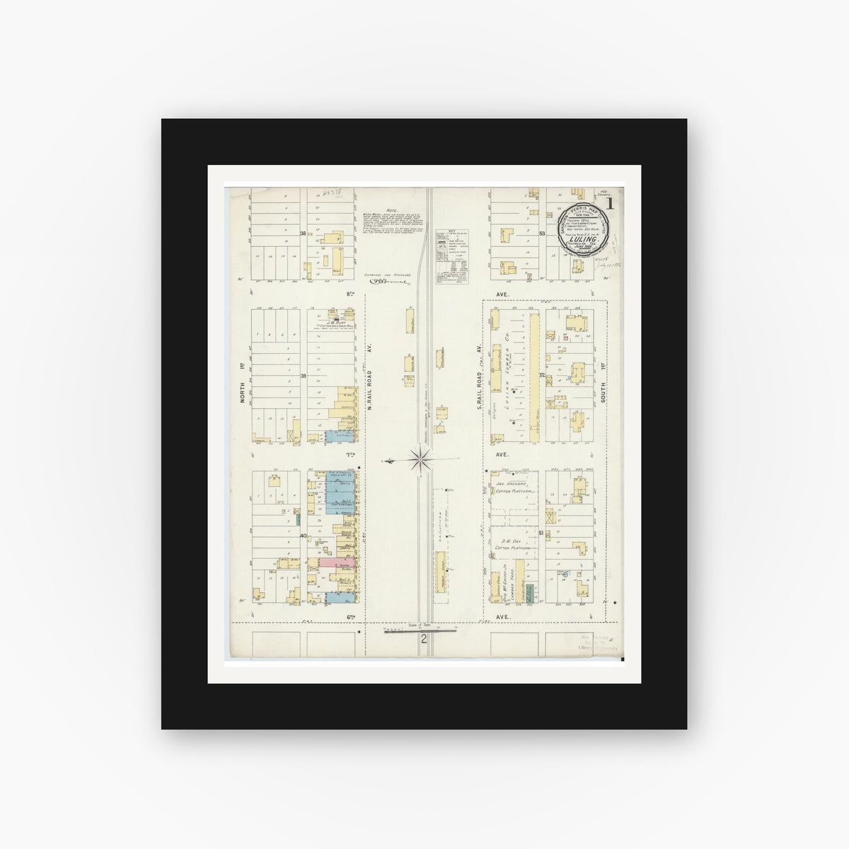 Old map wall art mockup — black gallery frame with white mat — Sanborn Fire Insurance Map from Luling, Caldwell County, Texas (1896) - Complete Map Set