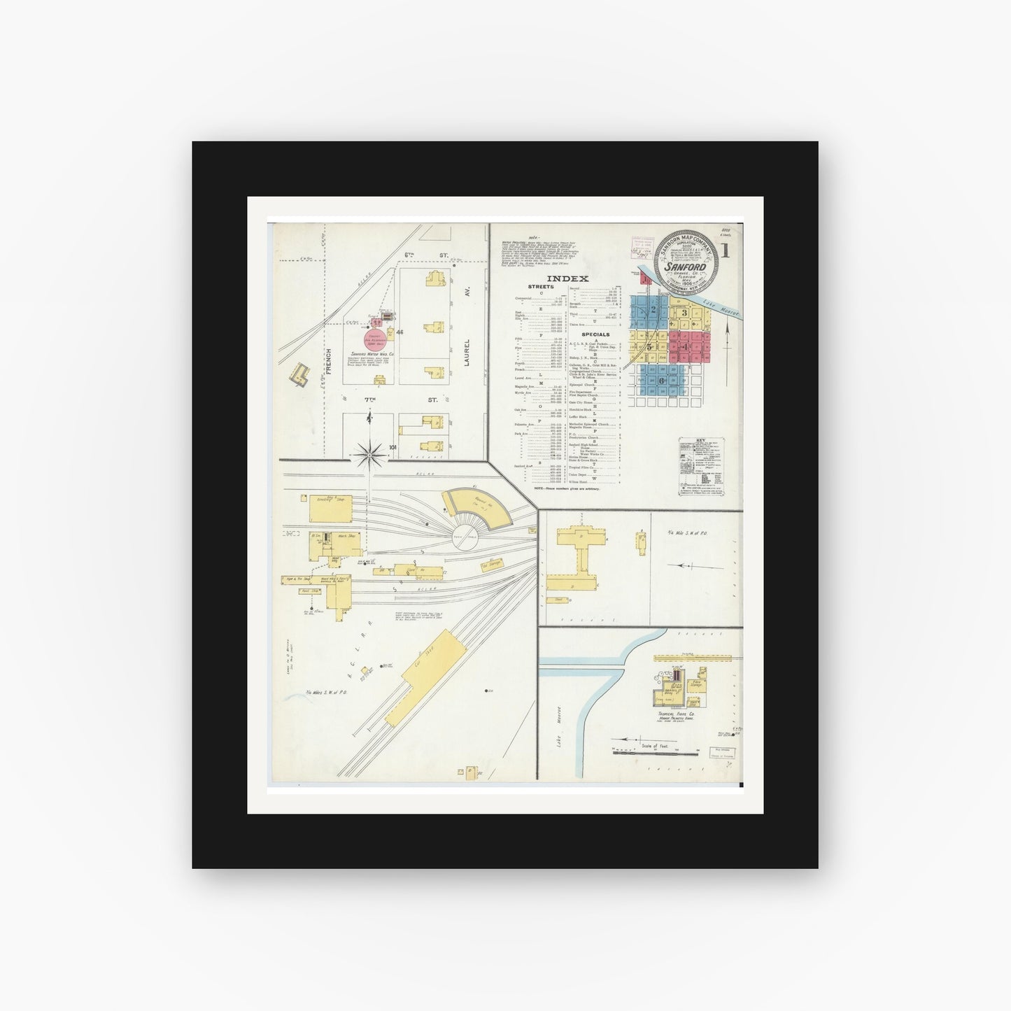 Old map wall art mockup — black gallery frame with white mat — Sanborn Fire Insurance Map from Sanford, Seminole County, Florida (1906), Sheet #0001