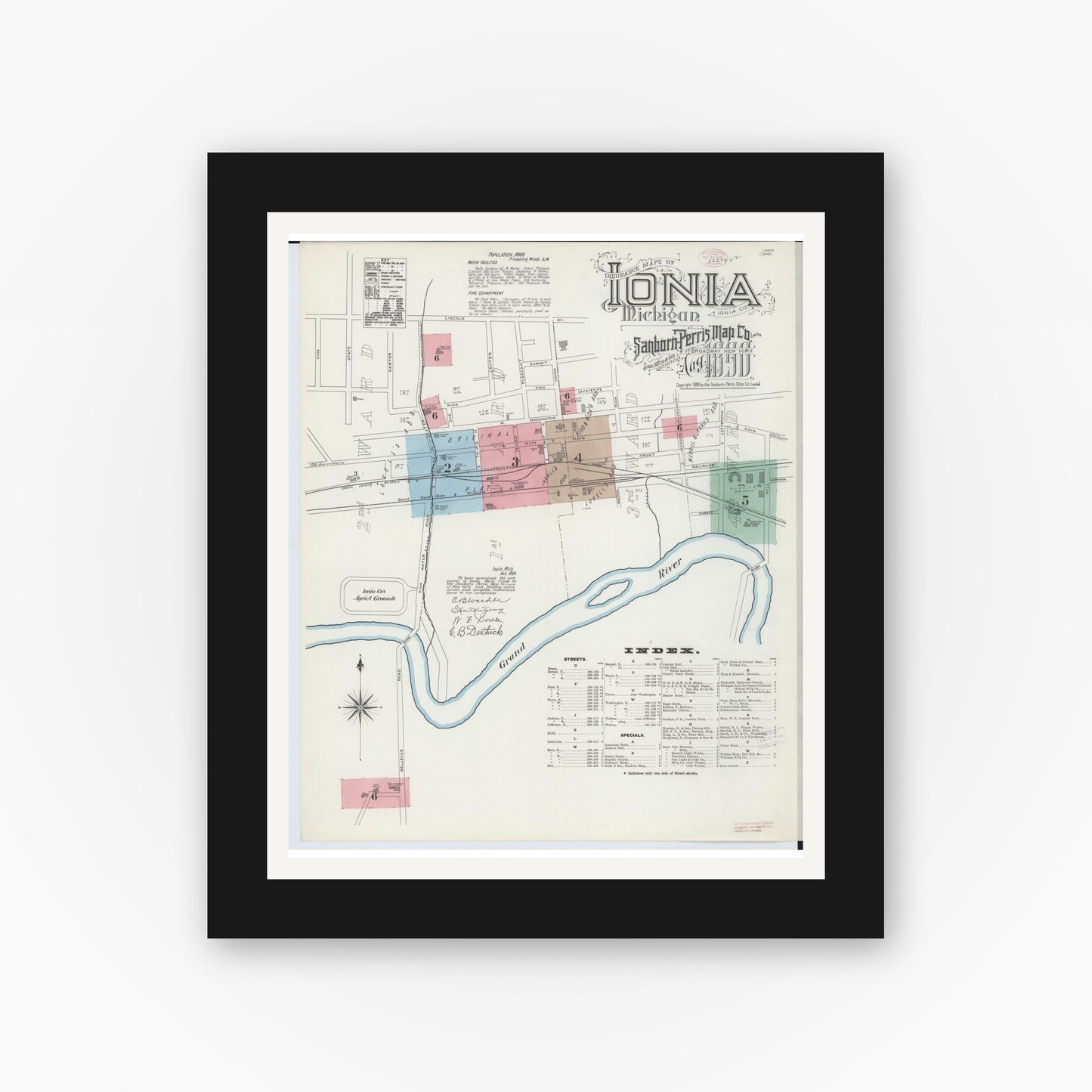 Old map wall art mockup — black gallery frame with white mat — Sanborn Fire Insurance Map from Ionia, Ionia County, Michigan (1890), Sheet #0001