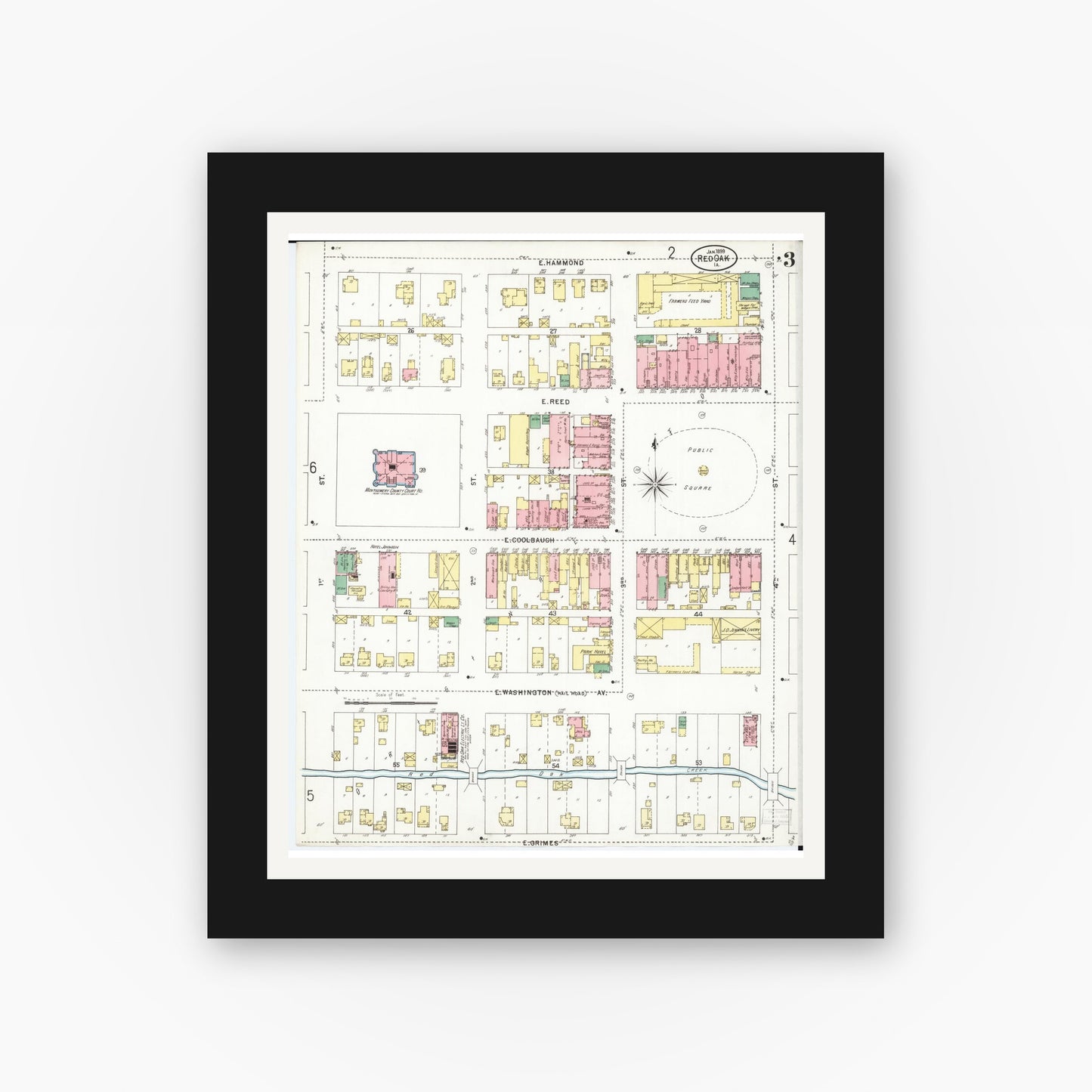 Old map wall art mockup — black gallery frame with white mat — Sanborn Fire Insurance Map from Red Oak, Montgomery County, Iowa (1899), Sheet #0003