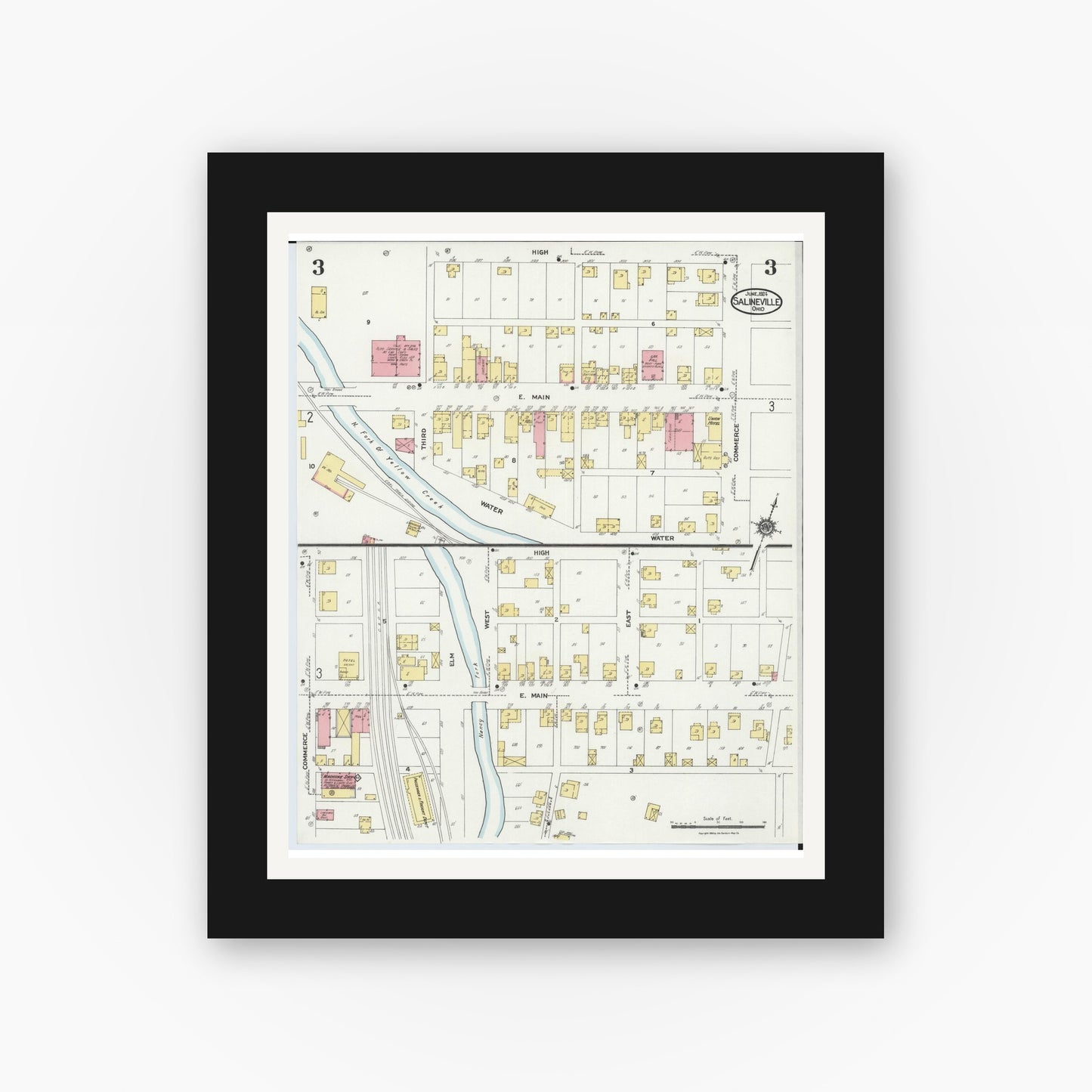 Old map wall art mockup — black gallery frame with white mat — Sanborn Fire Insurance Map from Salineville, Columbiana County, Ohio (1924), Sheet #0003