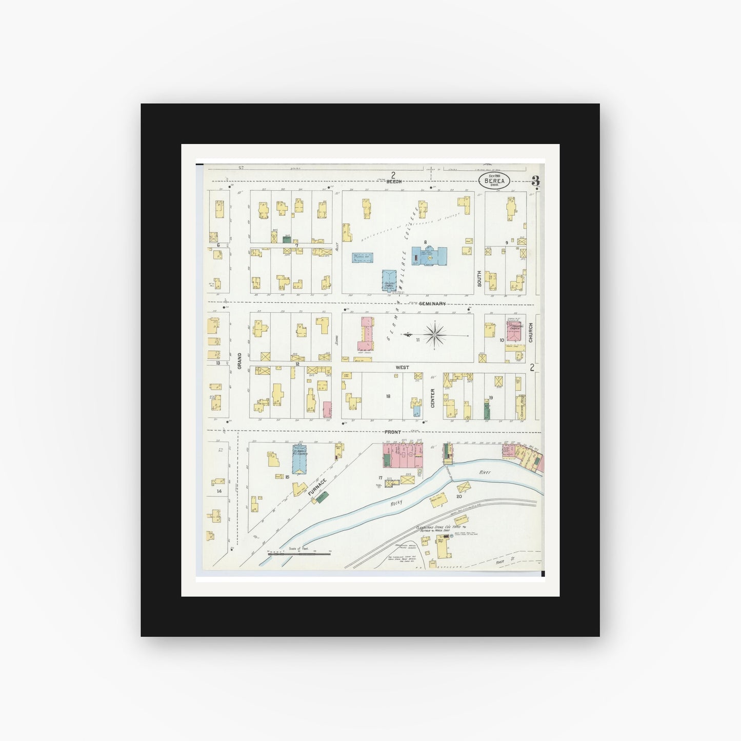 Old map wall art mockup — black gallery frame with white mat — Sanborn Fire Insurance Map from Berea, Cuyahoga County, Ohio (1901), Sheet #0003