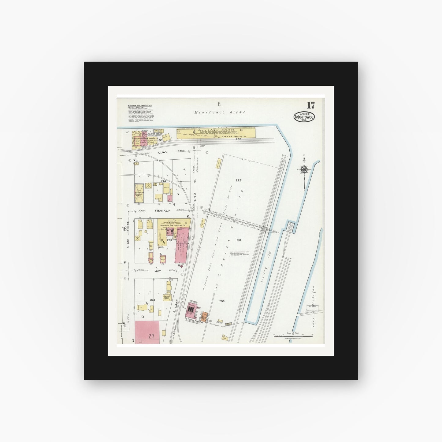 Old map wall art mockup — black gallery frame with white mat — Sanborn Fire Insurance Map from Manitowoc, Manitowoc County, Wisconsin (1919), Sheet #0017