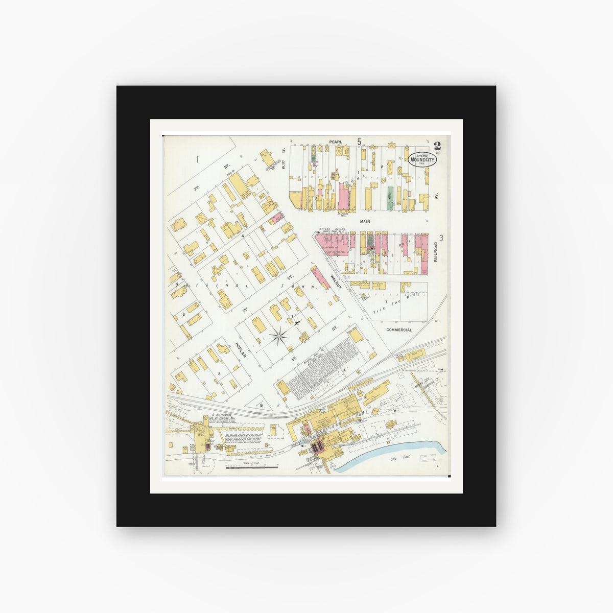 Old map wall art mockup — black gallery frame with white mat — Sanborn Fire Insurance Map from Mound City, Pulaski County, Illinois (1900), Sheet #0002