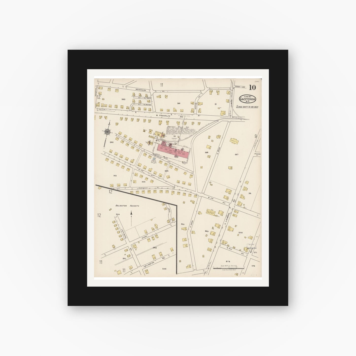 Old map wall art mockup — black gallery frame with white mat — Sanborn Fire Insurance Map from Gastonia, Gaston County, North Carolina (1922), Sheet #0010