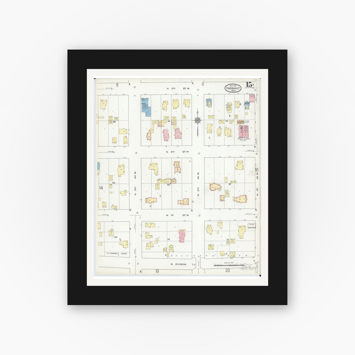 Old map wall art mockup — black gallery frame with white mat — Sanborn Fire Insurance Map from Faribault, Rice County, Minnesota (1914), Sheet #0015