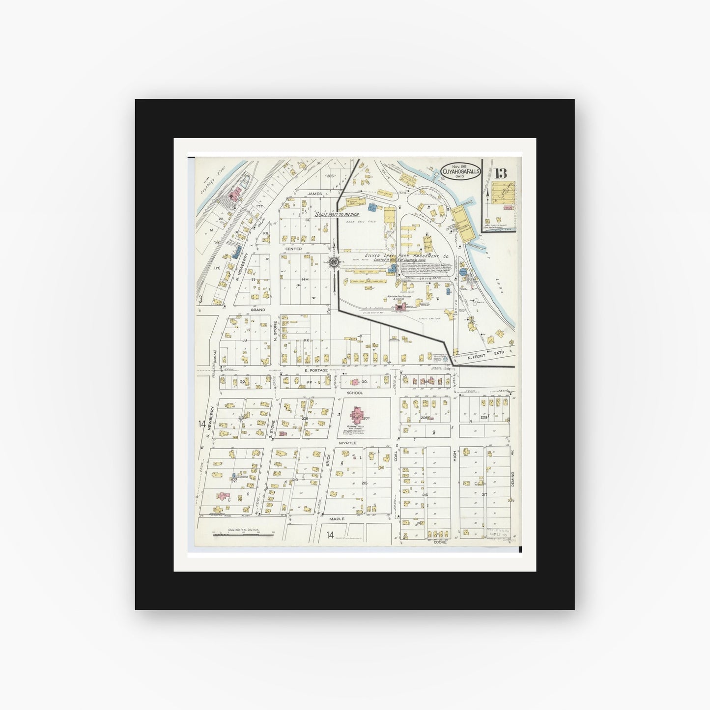 Old map wall art mockup — black gallery frame with white mat — Sanborn Fire Insurance Map from Cuyahoga Falls, Summit County, Ohio (1916), Sheet #0013