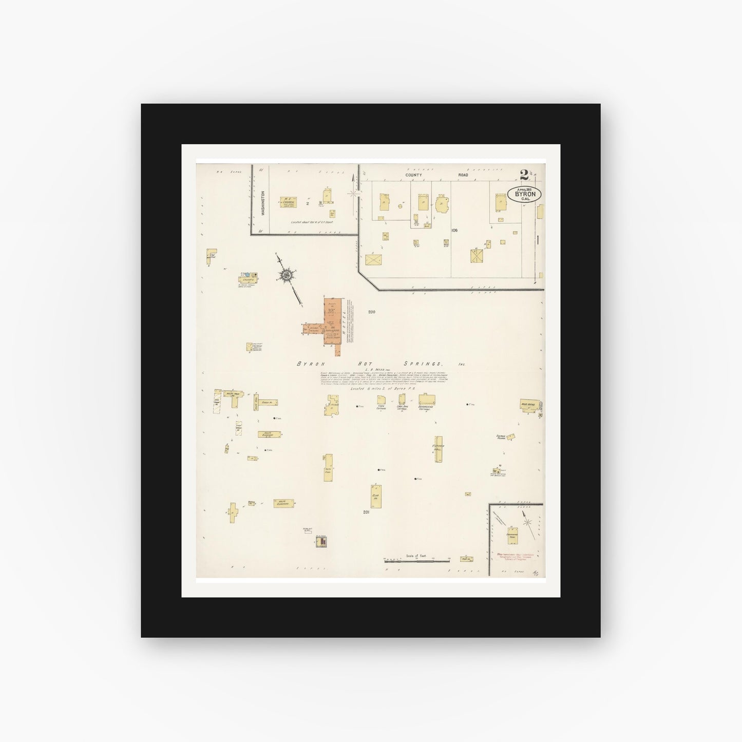 Old map wall art mockup — black gallery frame with white mat — Sanborn Fire Insurance Map from Byron, Contra Costa County, California (1915), Sheet #0002