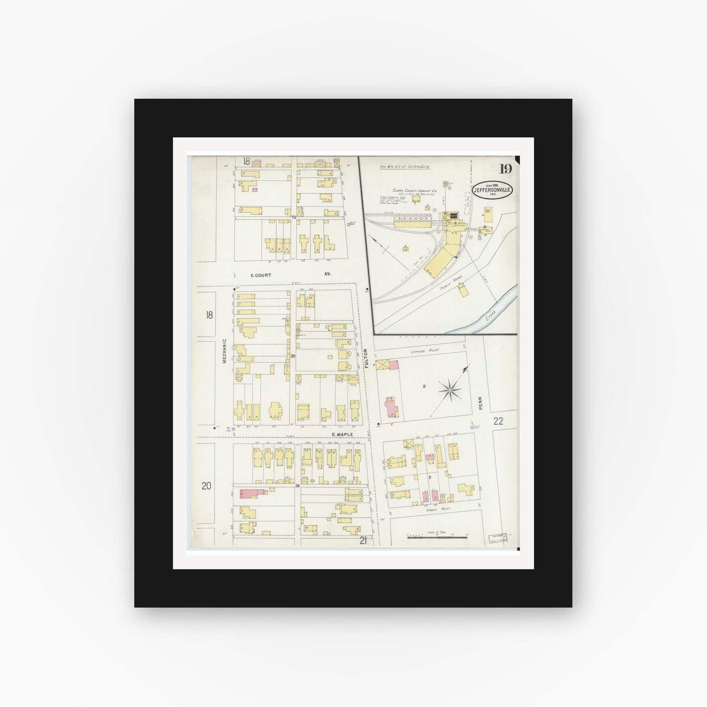 Old map wall art mockup — black gallery frame with white mat — Sanborn Fire Insurance Map from Jeffersonville, Clark County, Indiana (1898), Sheet #0019