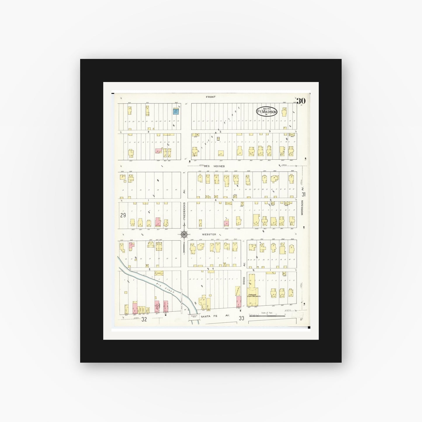 Old map wall art mockup — black gallery frame with white mat — Sanborn Fire Insurance Map from Fort Madison, Lee County, Iowa (1913), Sheet #0030