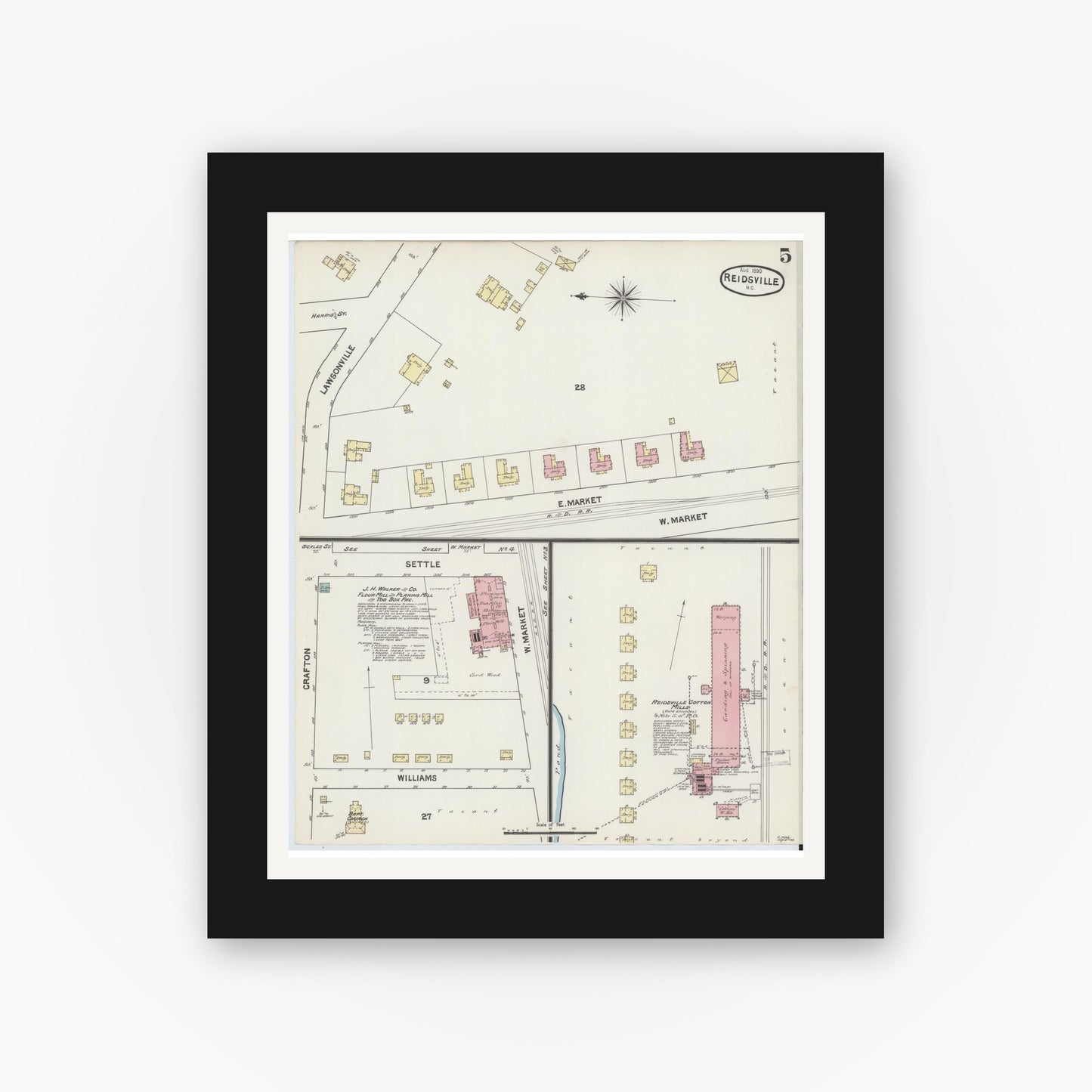 Old map wall art mockup — black gallery frame with white mat — Sanborn Fire Insurance Map from Reidsville, Rockingham County, North Carolina (1890), Sheet #0005