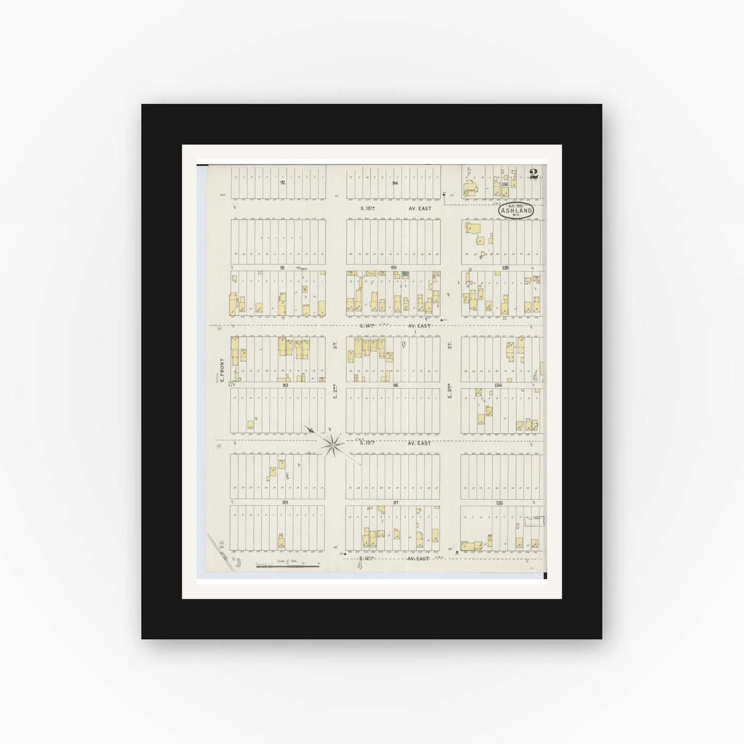 Old map wall art mockup — black gallery frame with white mat — Sanborn Fire Insurance Map from Ashland, Ashland County, Wisconsin (1895), Sheet #0002