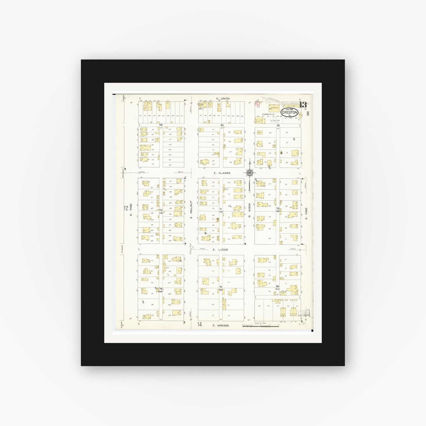 Old map wall art mockup — black gallery frame with white mat — Sanborn Fire Insurance Map from Creston, Union County, Iowa (1913), Sheet #0013