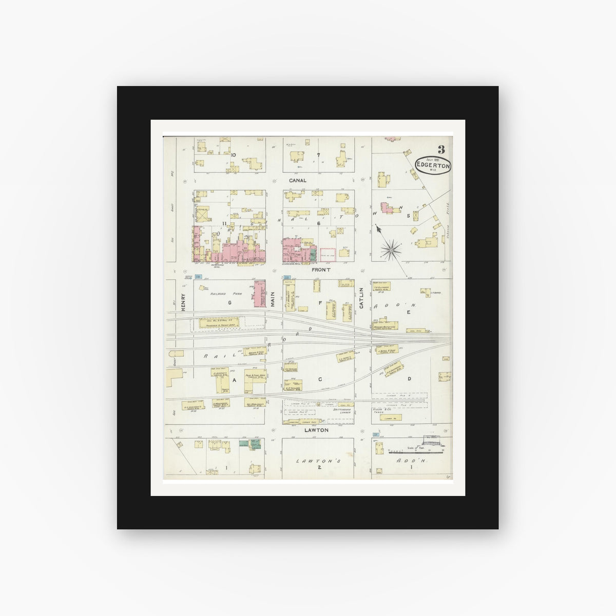 Old map wall art mockup — black gallery frame with white mat — Sanborn Fire Insurance Map from Edgerton, Rock County, Wisconsin (1891), Sheet #0003