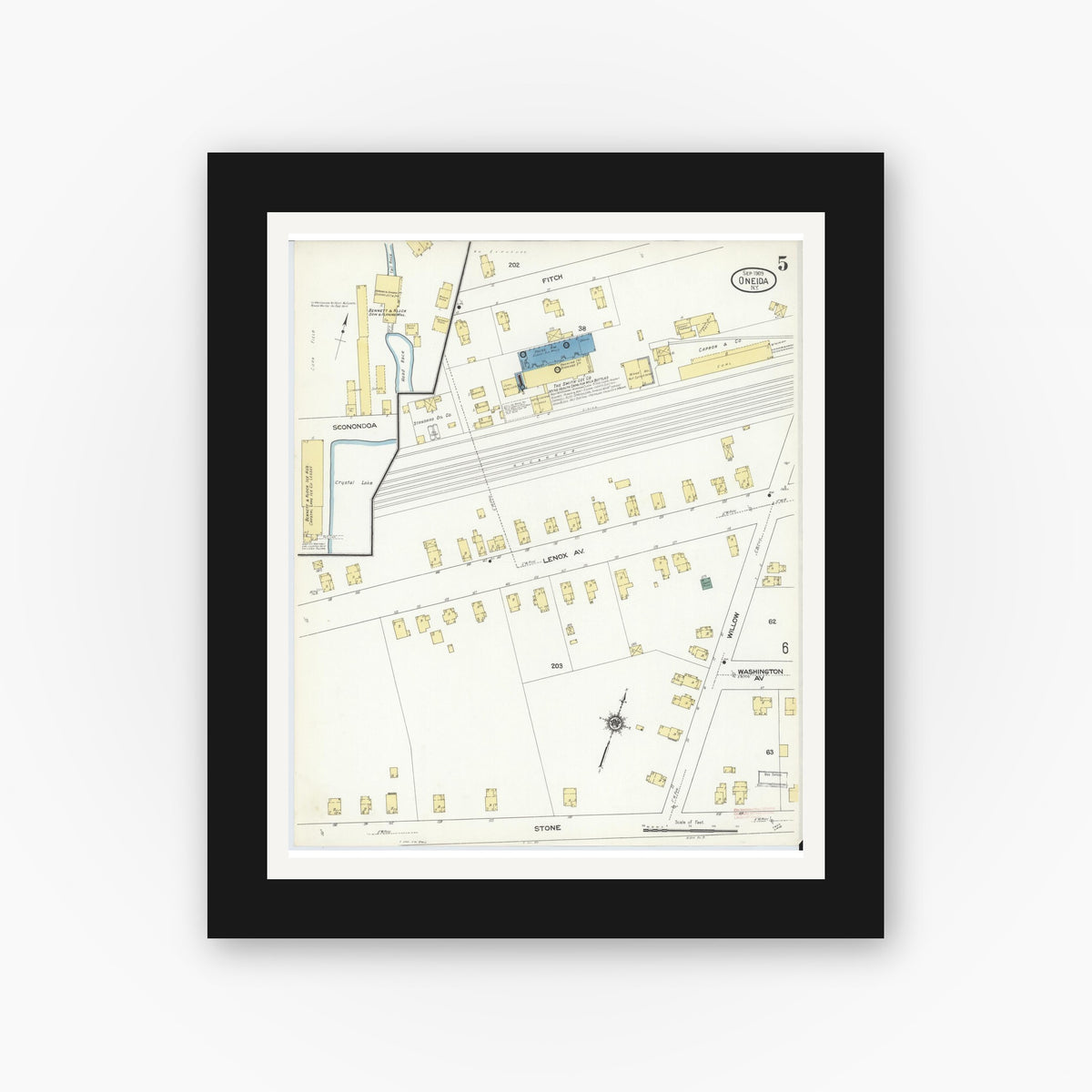Old map wall art mockup — black gallery frame with white mat — Sanborn Fire Insurance Map from Oneida, Madison County, New York (1909), Sheet #0005