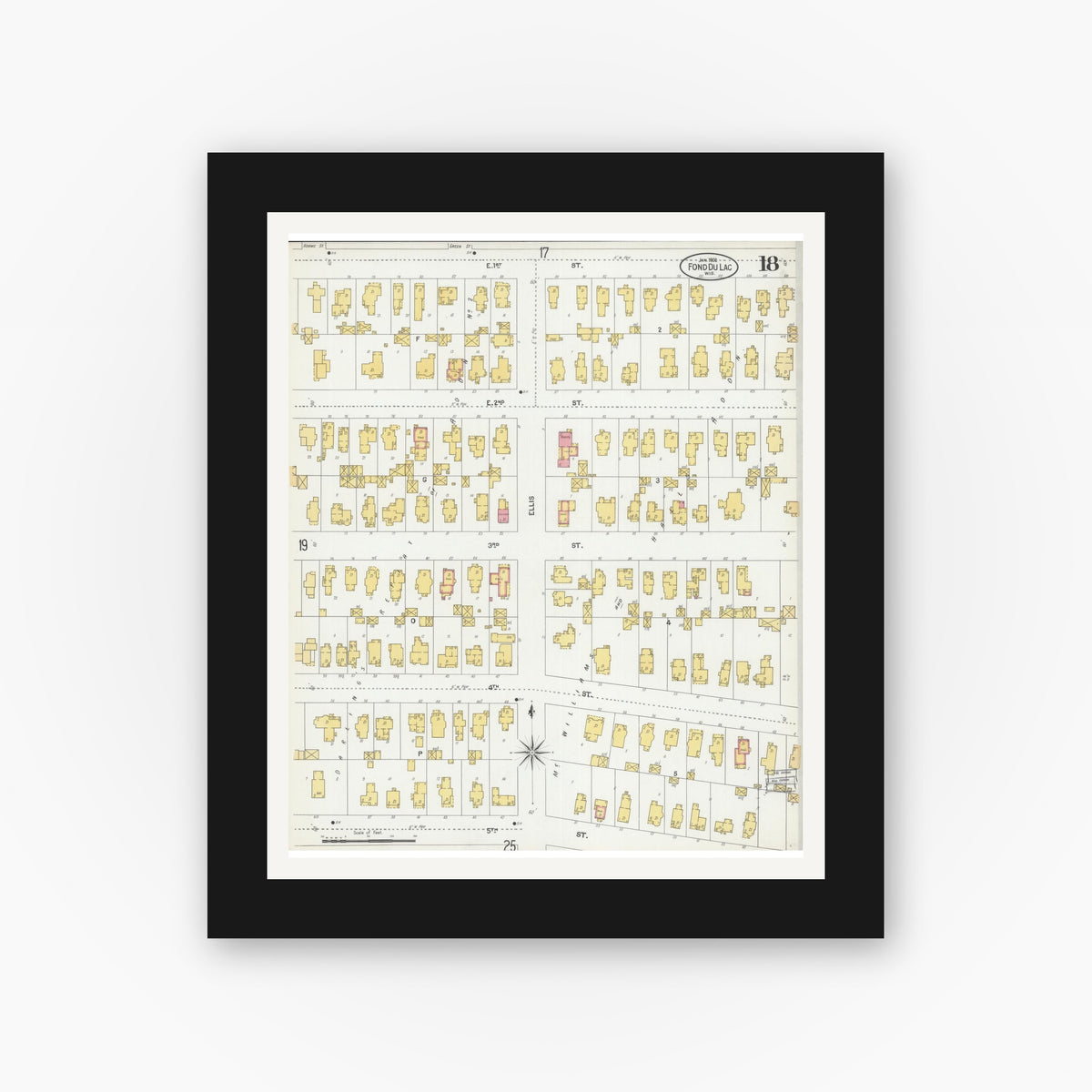 Old map wall art mockup — black gallery frame with white mat — Sanborn Fire Insurance Map from Fond du Lac, Fond du Lac County, Wisconsin (1902), Sheet #0018