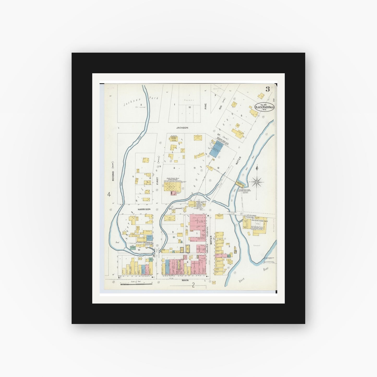 Old map wall art mockup — black gallery frame with white mat — Sanborn Fire Insurance Map from Black River Falls, Jackson County, Wisconsin (1902), Sheet #0003