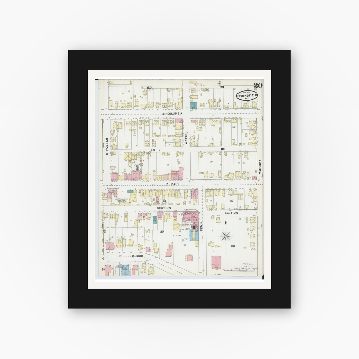 Old map wall art mockup — black gallery frame with white mat — Sanborn Fire Insurance Map from Springfield, Clark County, Ohio (1891), Sheet #0020