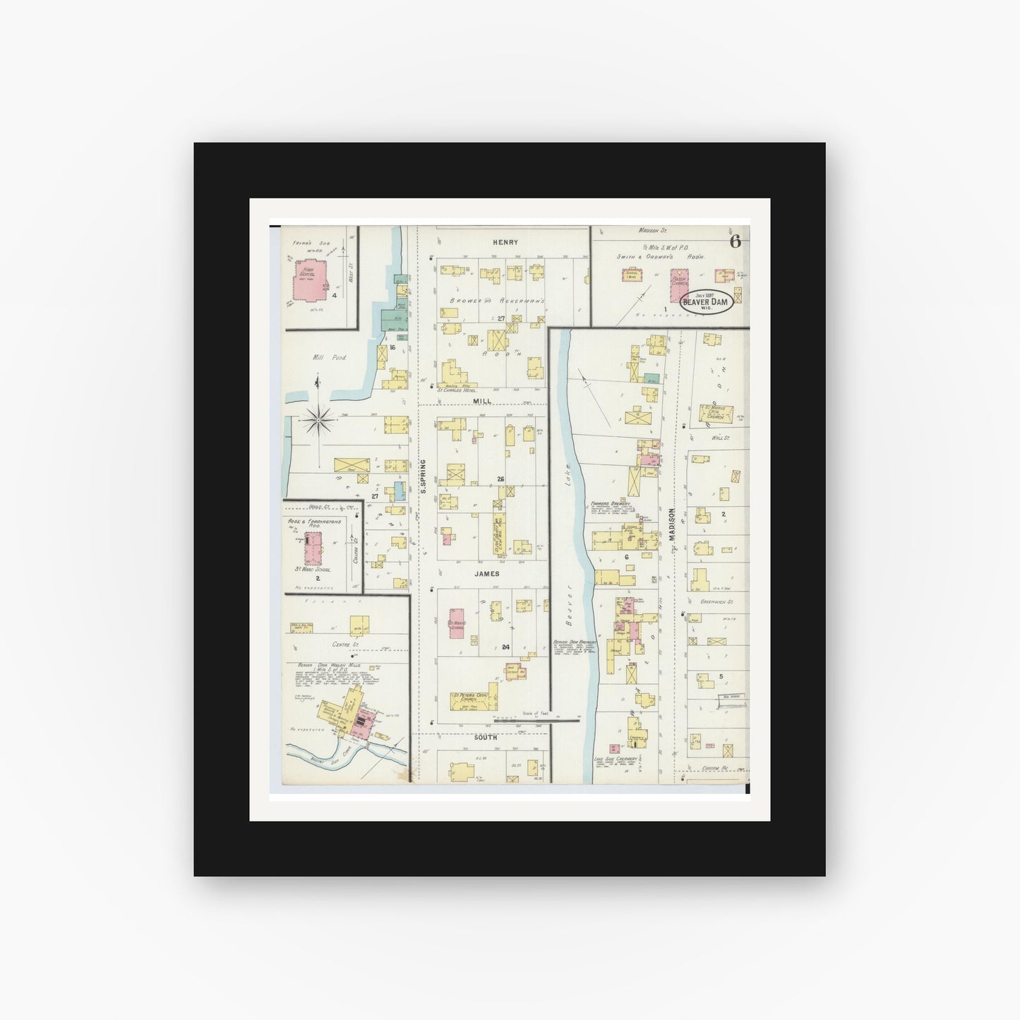 Old map wall art mockup — black gallery frame with white mat — Sanborn Fire Insurance Map from Beaver Dam, Dodge County, Wisconsin (1897), Sheet #0006