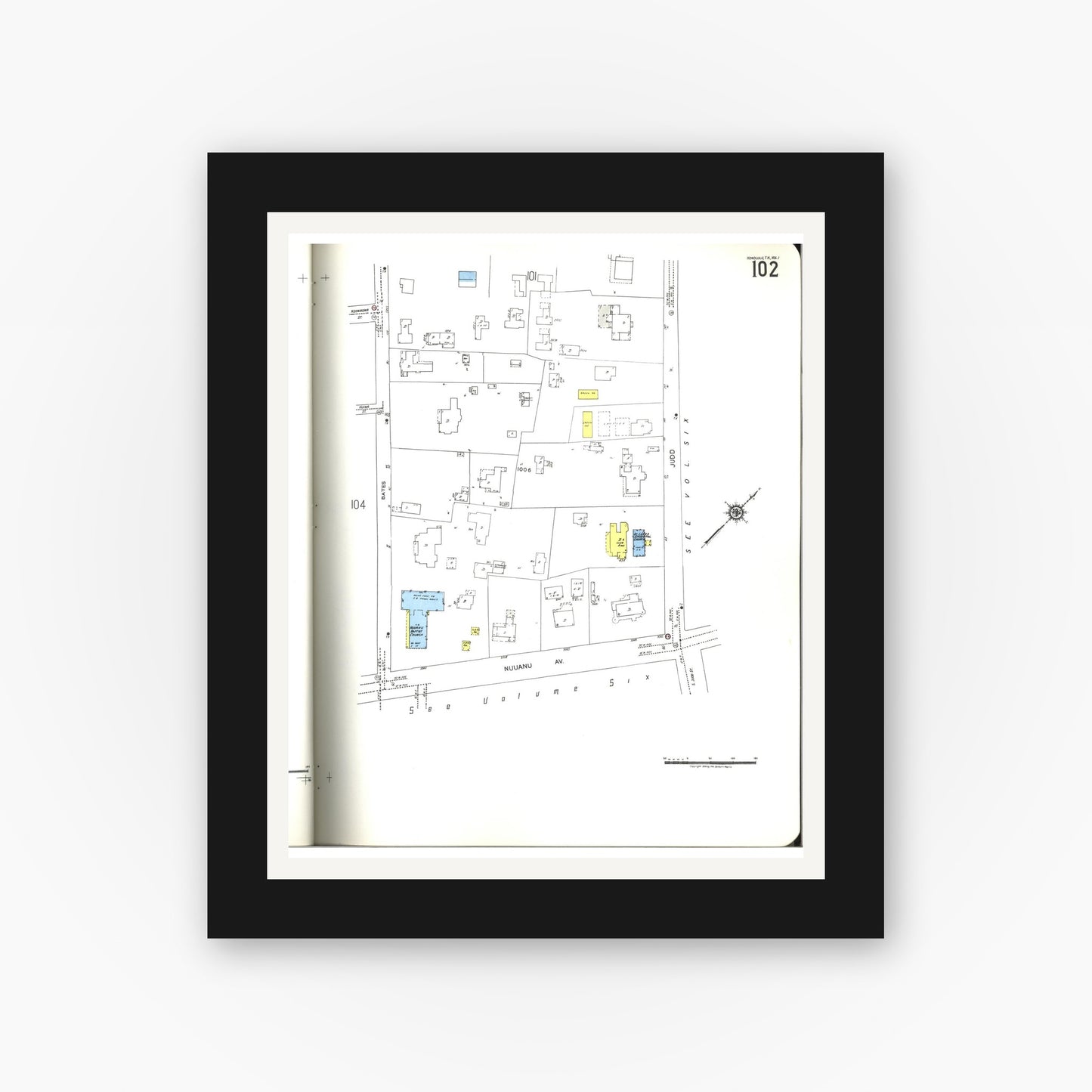 Old map wall art mockup — black gallery frame with white mat — Sanborn Fire Insurance Map from Honolulu, Oahu County, Hawaii (1955), Sheet #0102