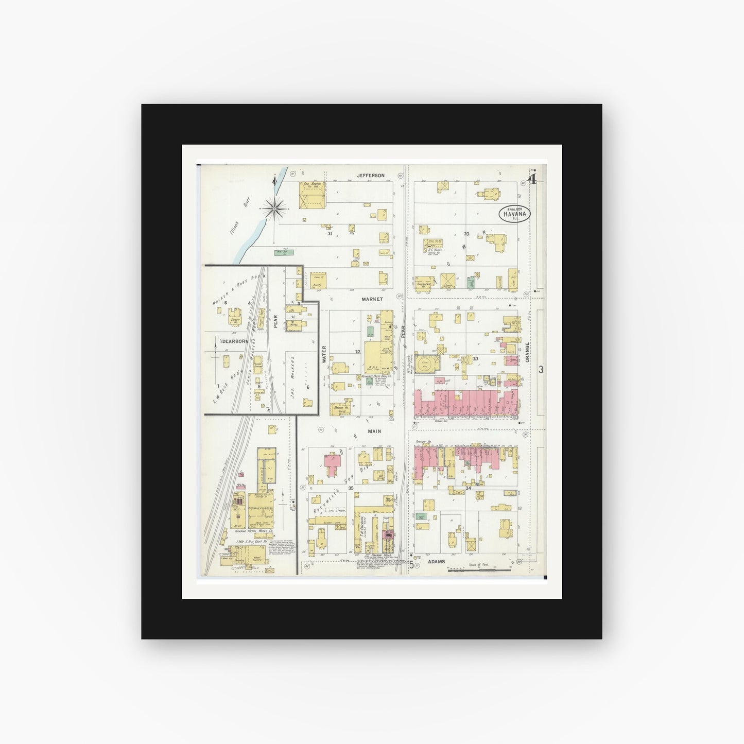 Old map wall art mockup — black gallery frame with white mat — Sanborn Fire Insurance Map from Havana, Mason County, Illinois (1899), Sheet #0004