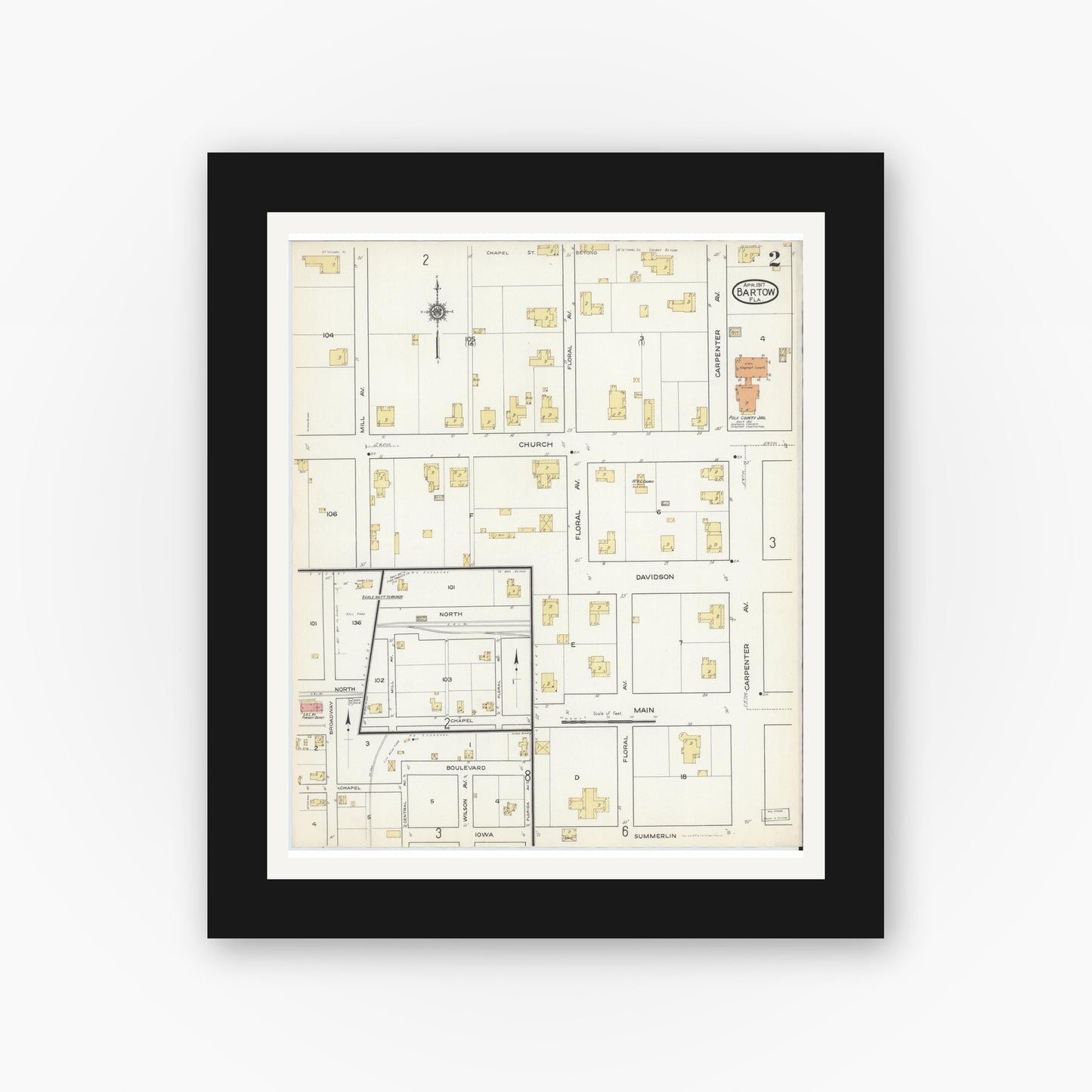 Old map wall art mockup — black gallery frame with white mat — Sanborn Fire Insurance Map from Bartow, Polk County, Florida (1917), Sheet #0002