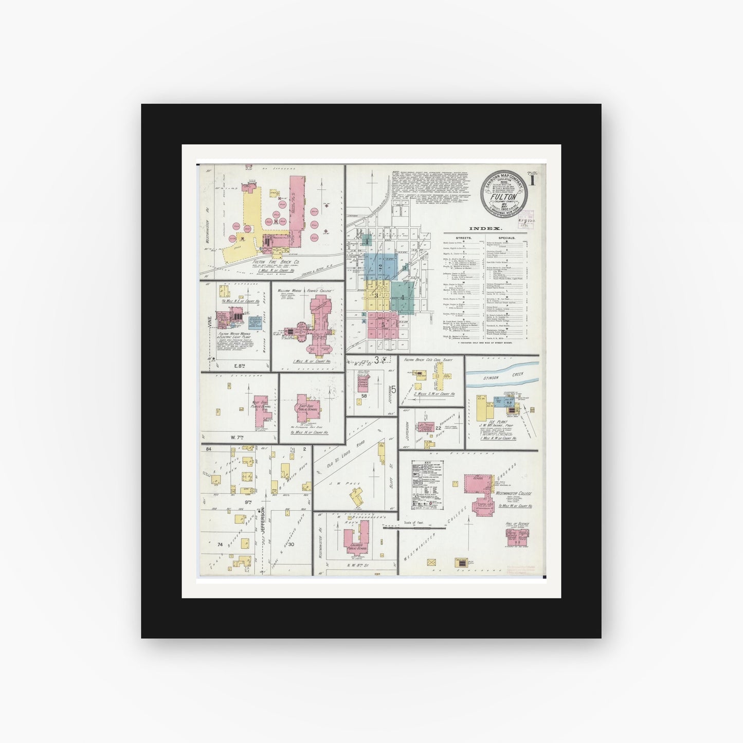 Old map wall art mockup — black gallery frame with white mat — Sanborn Fire Insurance Map from Fulton, Callaway County, Missouri (1902) - Complete Map Set