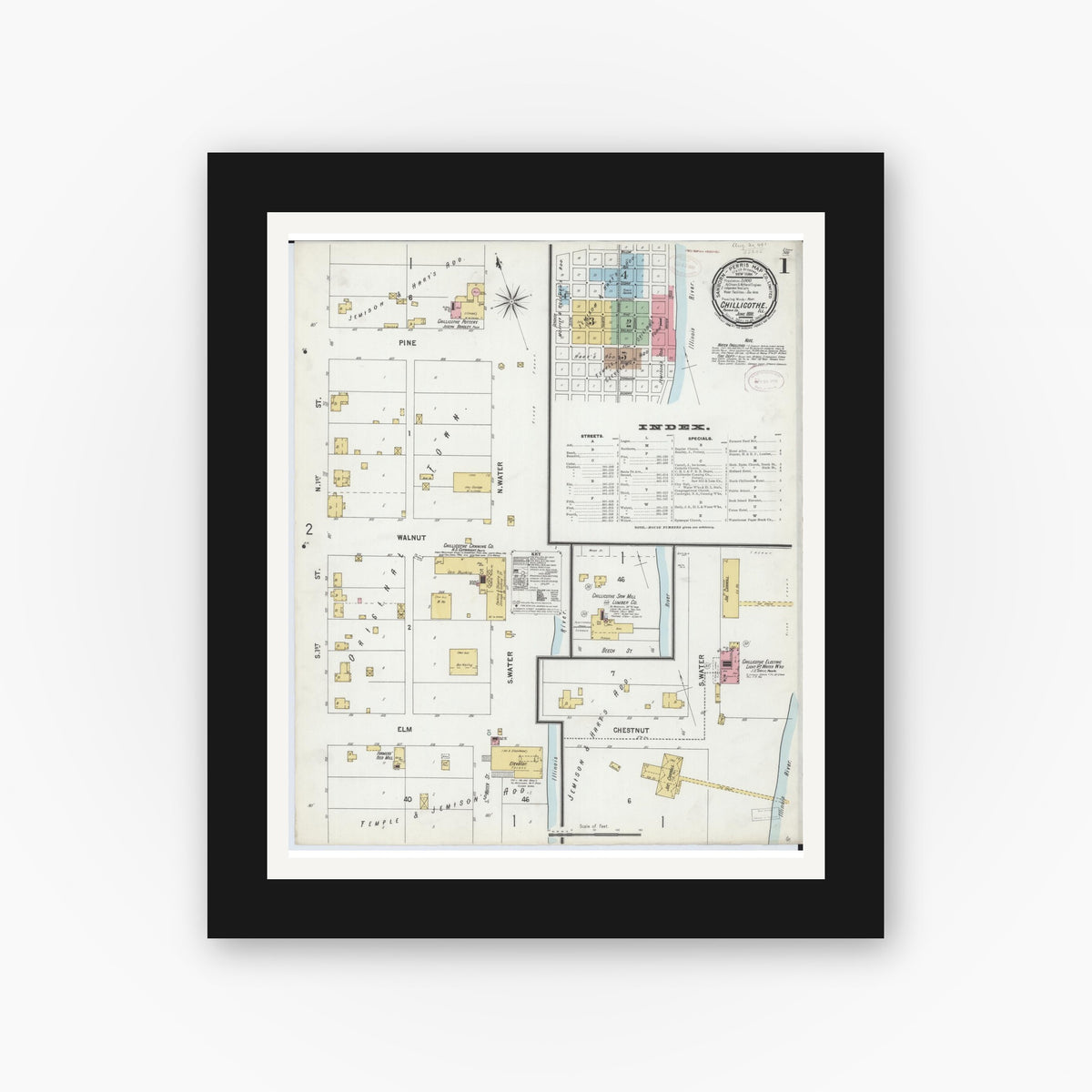 Old map wall art mockup — black gallery frame with white mat — Sanborn Fire Insurance Map from Chillicothe, Peoria County, Illinois (1899) - Complete Map Set