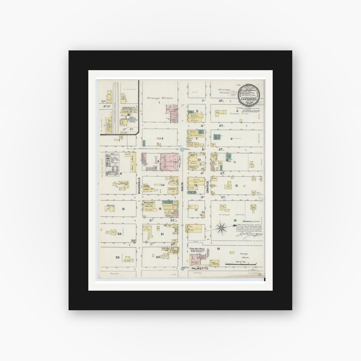 Old map wall art mockup — black gallery frame with white mat — Sanborn Fire Insurance Map from Leesburg, Lake County, Florida (1890), Sheet #0001