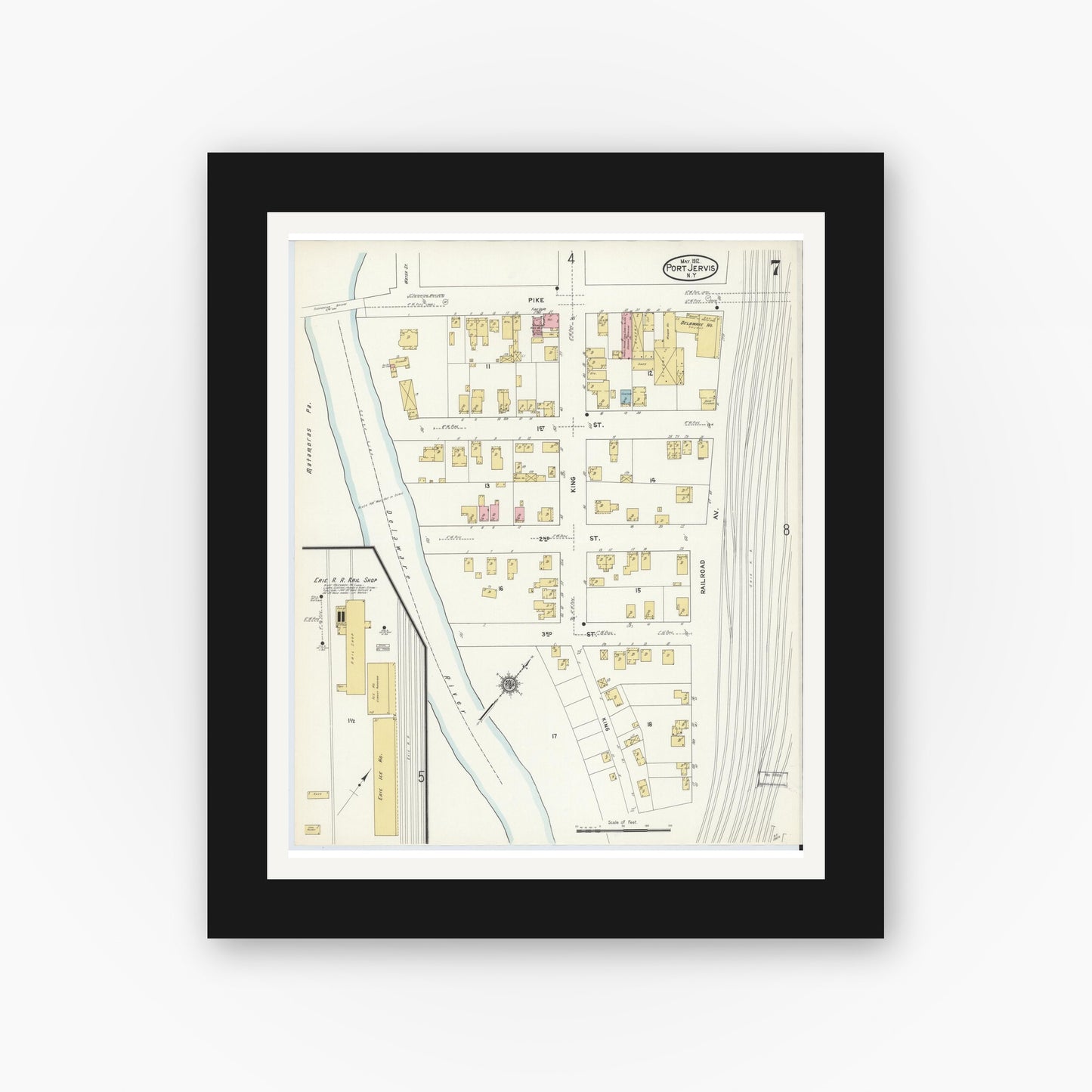 Old map wall art mockup — black gallery frame with white mat — Sanborn Fire Insurance Map from Port Jervis, Orange County, New York (1912), Sheet #0007