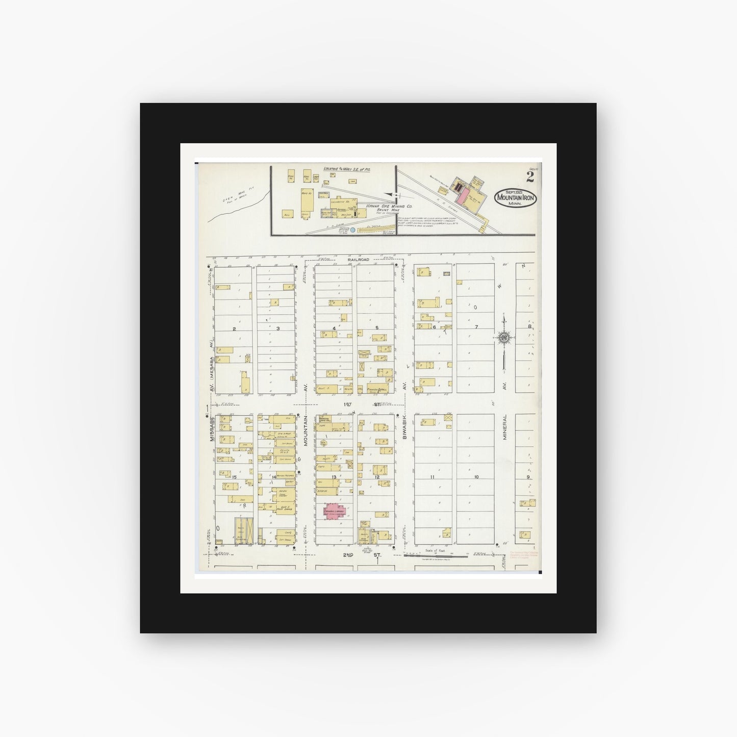 Old map wall art mockup — black gallery frame with white mat — Sanborn Fire Insurance Map from Mountain Iron, Saint Louis County, Minnesota (1921), Sheet #0002