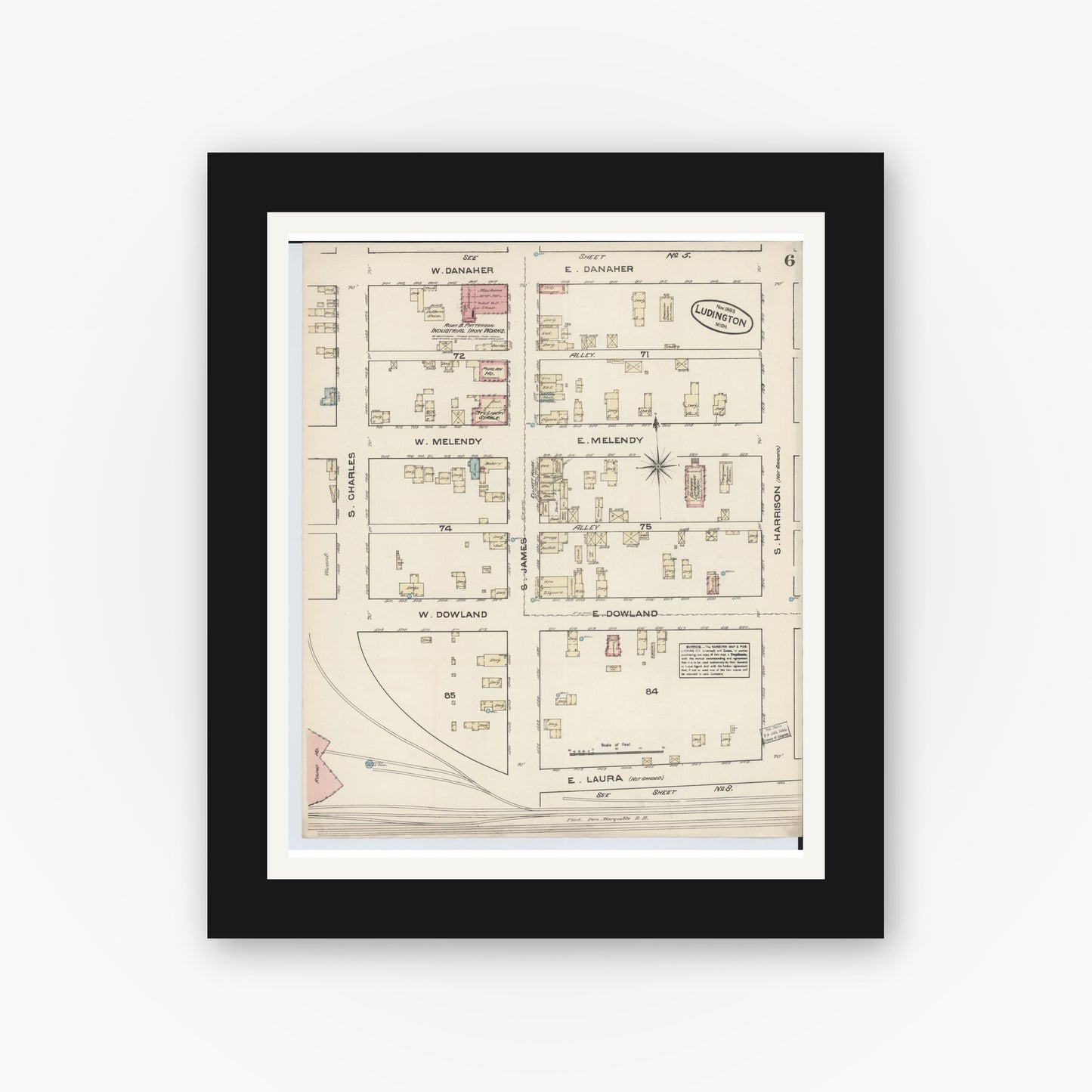 Old map wall art mockup — black gallery frame with white mat — Sanborn Fire Insurance Map from Ludington, Mason County, Michigan (1883), Sheet #0006