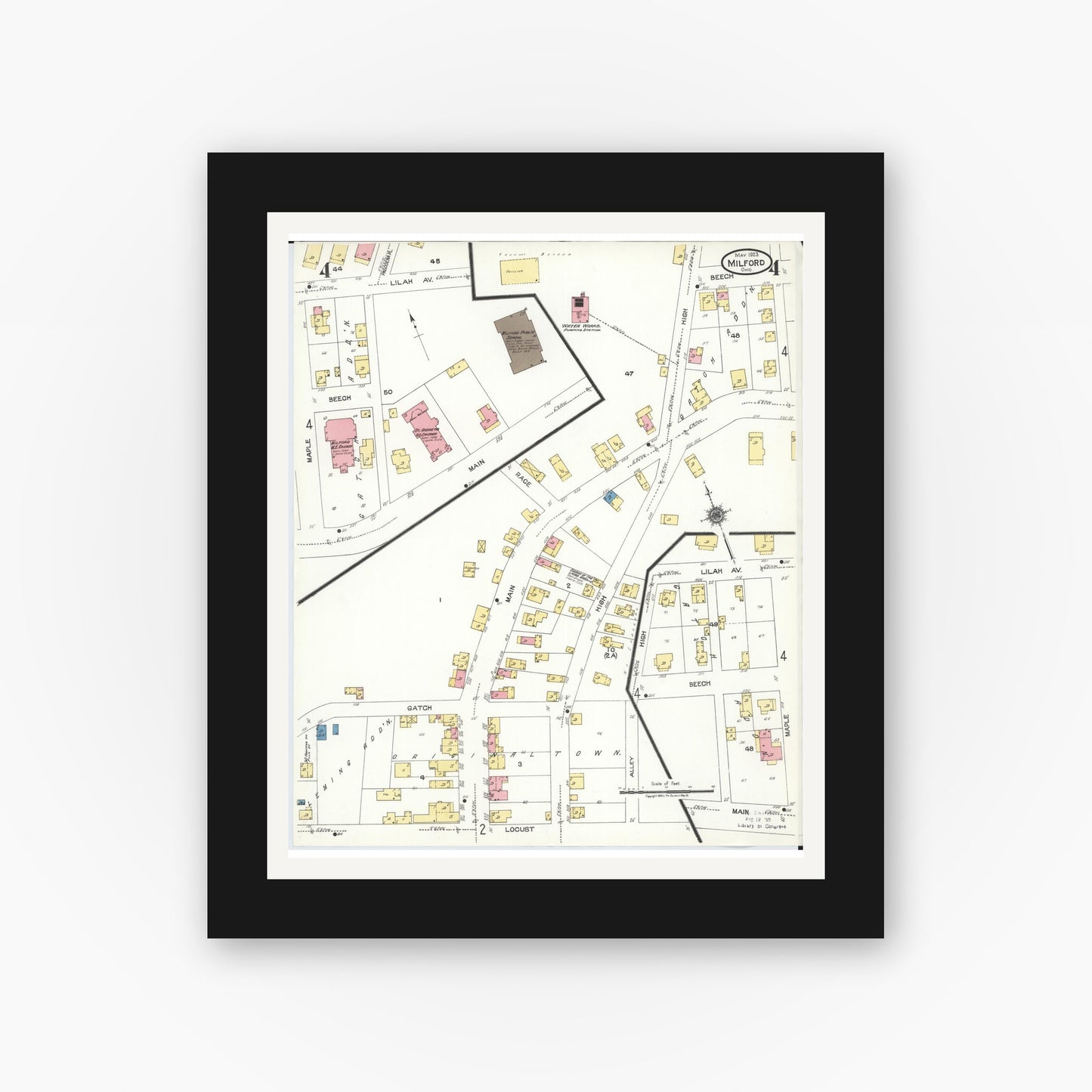 Old map wall art mockup — black gallery frame with white mat — Sanborn Fire Insurance Map from Milford, Clermont And Hamilton County, Ohio (1925), Sheet #0004