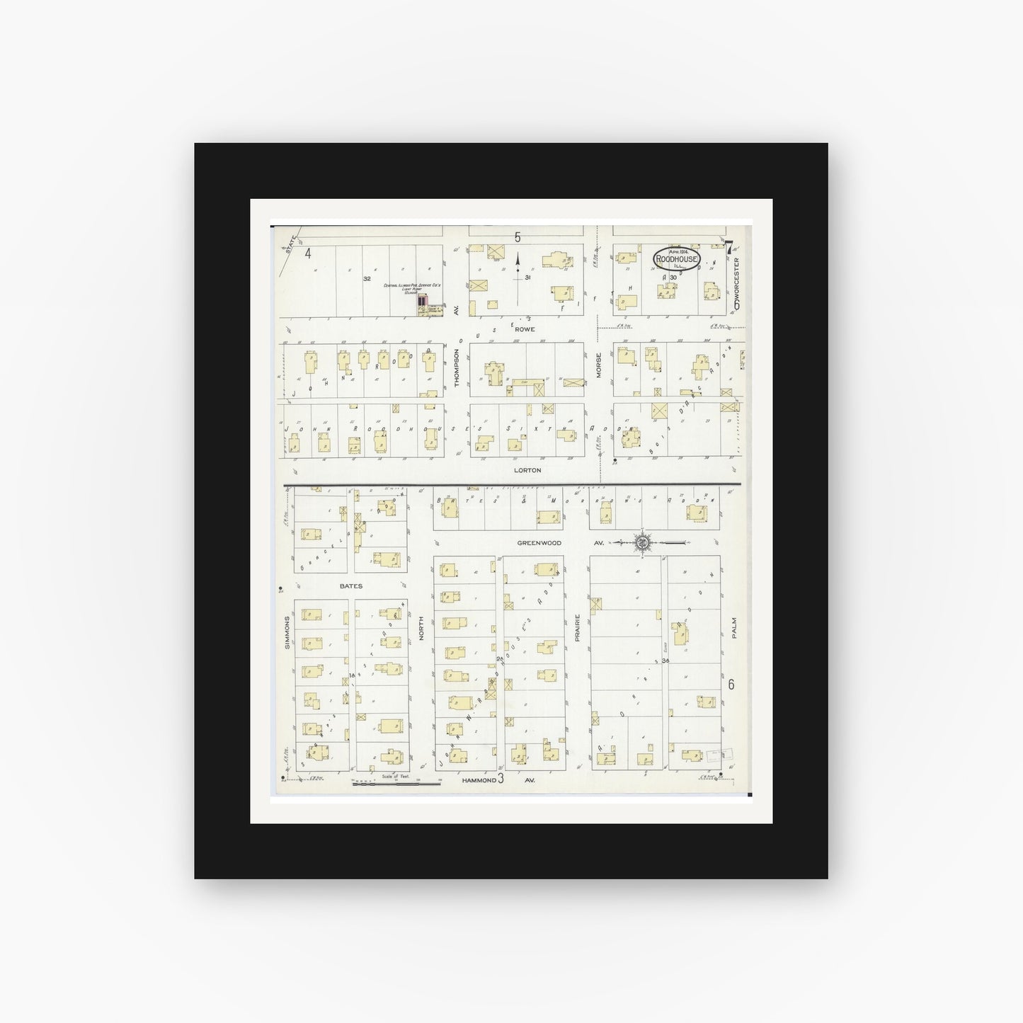 Old map wall art mockup — black gallery frame with white mat — Sanborn Fire Insurance Map from Roodhouse, Greene County, Illinois (1914), Sheet #0007