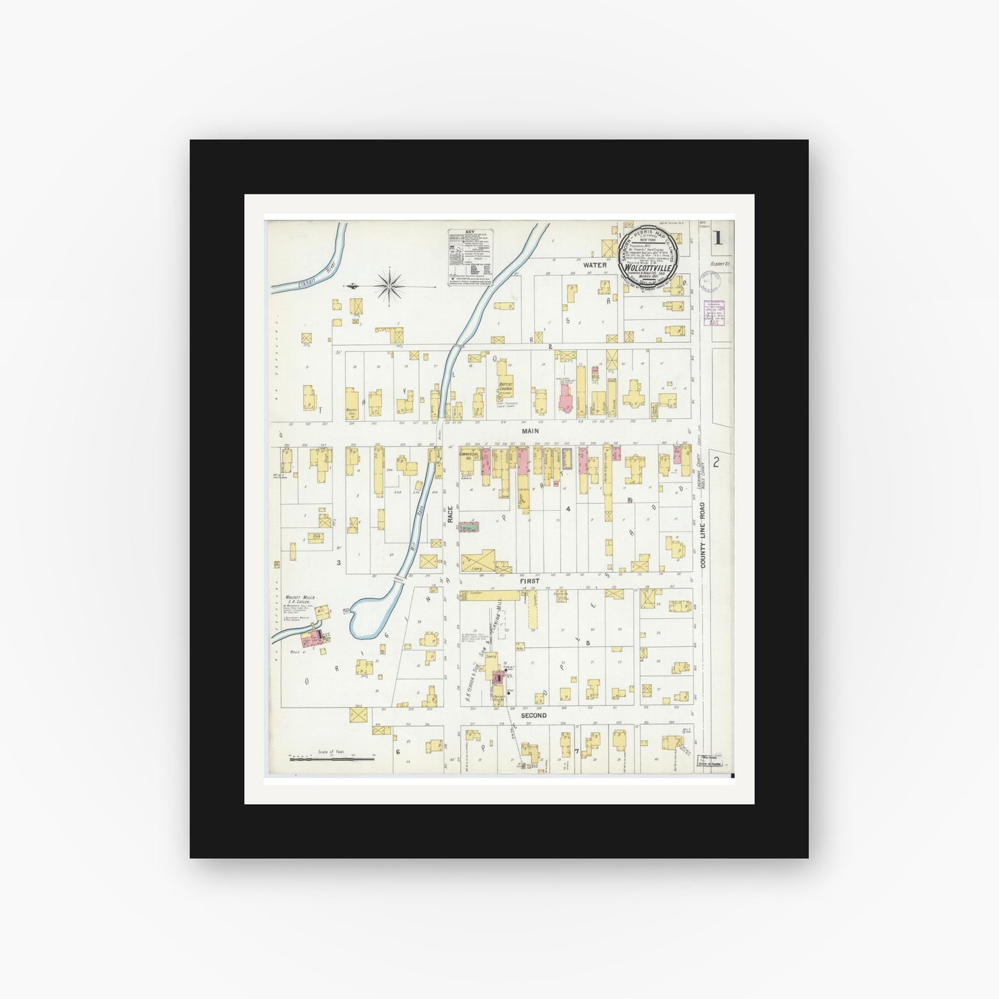 Old map wall art mockup — black gallery frame with white mat — Sanborn Fire Insurance Map from Wolcottville, Noble And LaGrange Counties, Indiana (1901), Sheet #0001