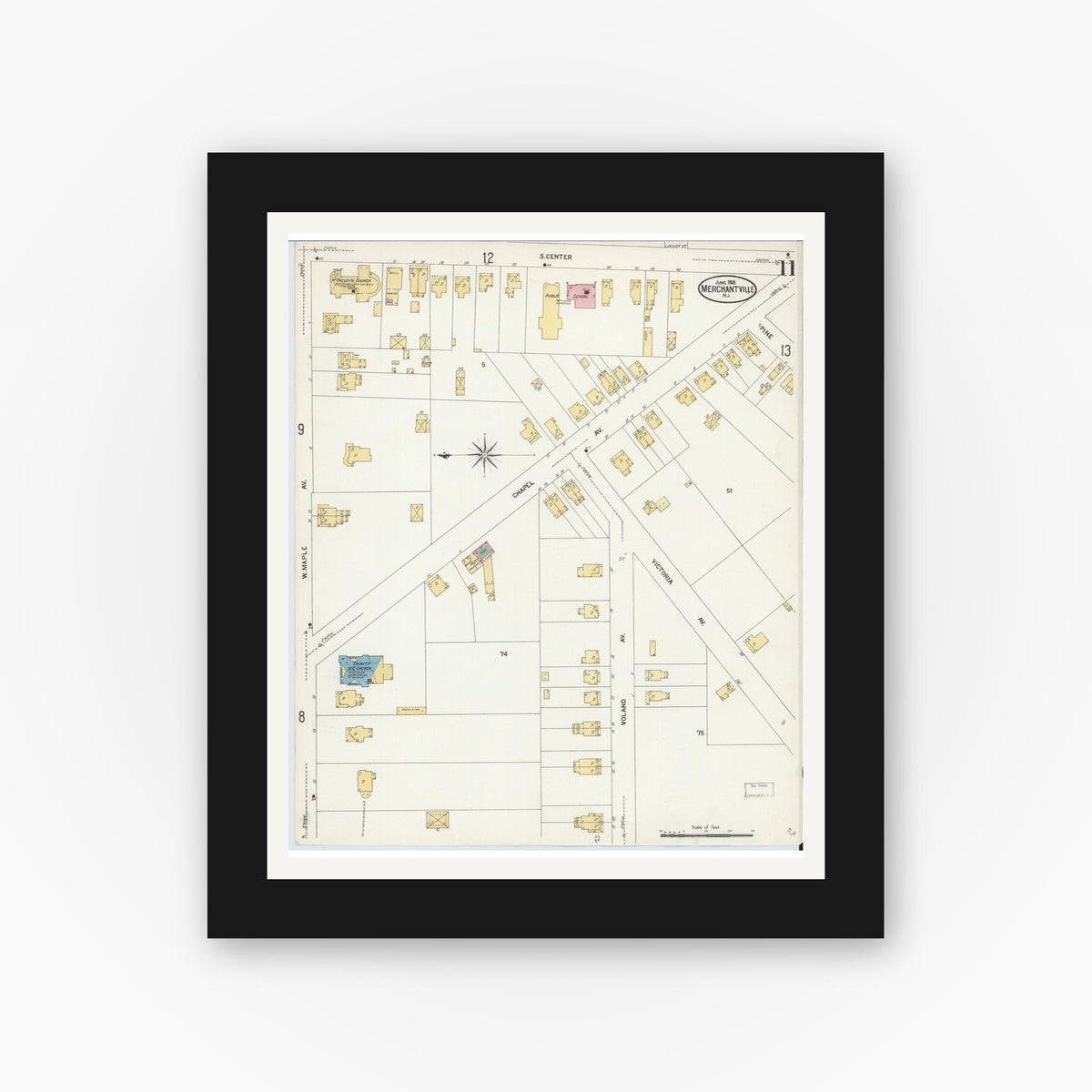 Old map wall art mockup — black gallery frame with white mat — Sanborn Fire Insurance Map from Merchantville, Camden County, New Jersey (1908), Sheet #0011