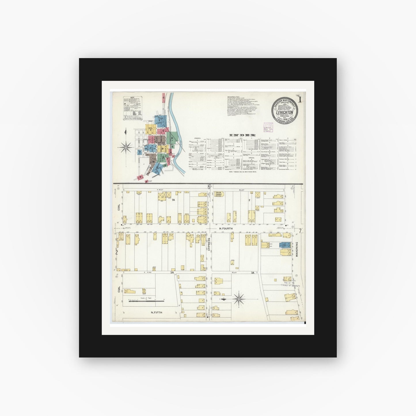 Old map wall art mockup — black gallery frame with white mat — Sanborn Fire Insurance Map from Lehighton, Carbon County, Pennsylvania (1908) - Complete Map Set