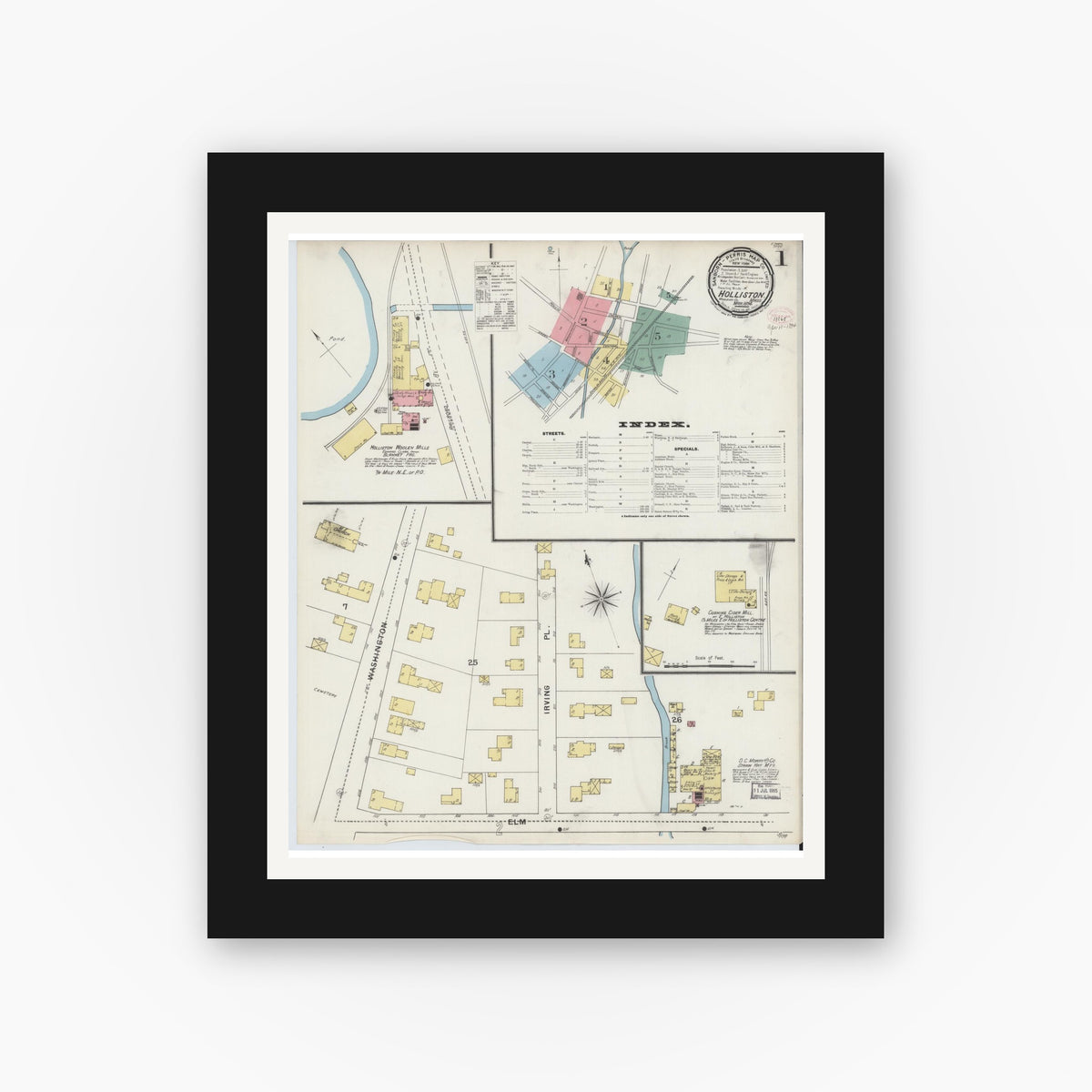 Old map wall art mockup — black gallery frame with white mat — Sanborn Fire Insurance Map from Holliston, Middlesex County, Massachusetts (1894), Sheet #0001