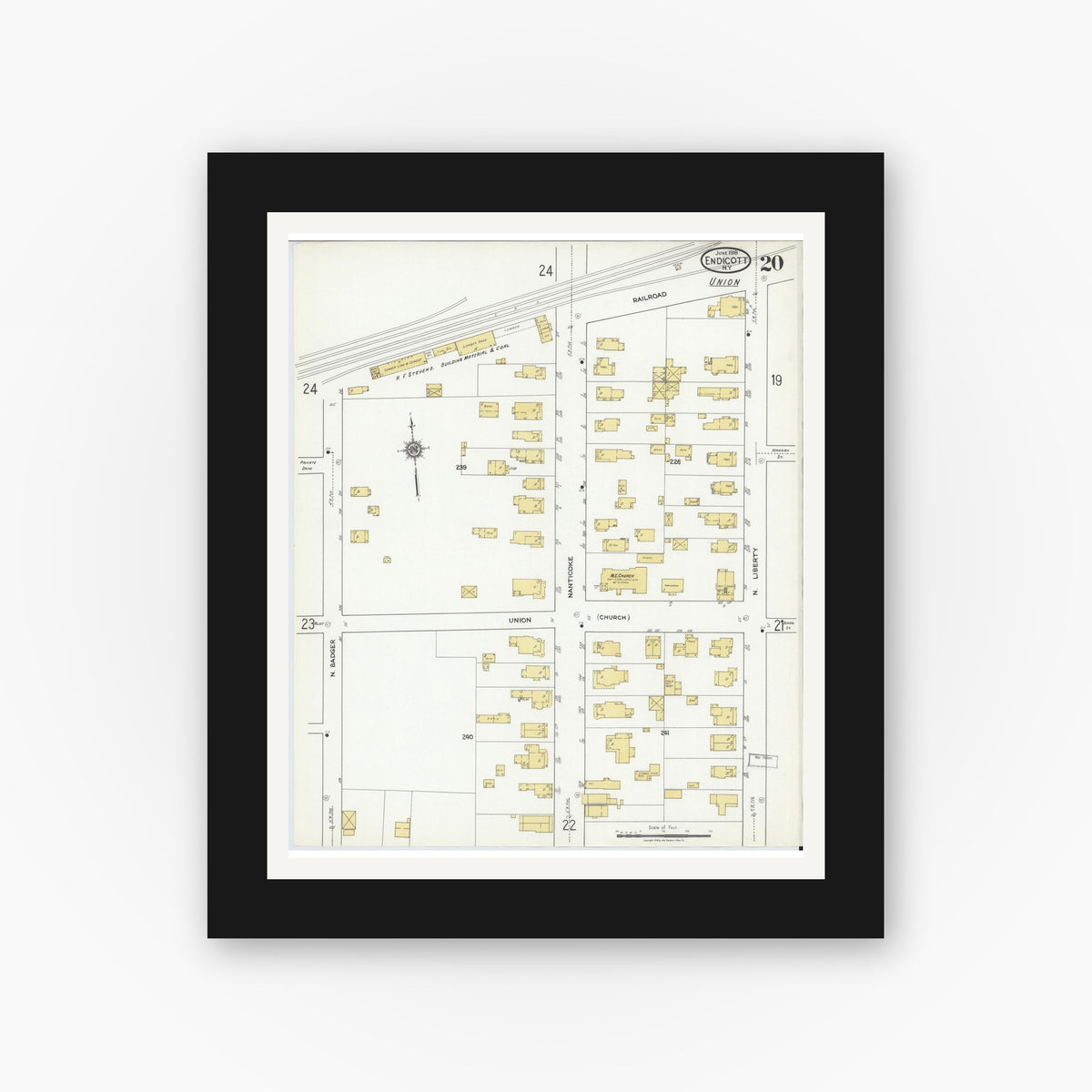 Old map wall art mockup — black gallery frame with white mat — Sanborn Fire Insurance Map from Endicott, Broome County, New York (1918), Sheet #0020