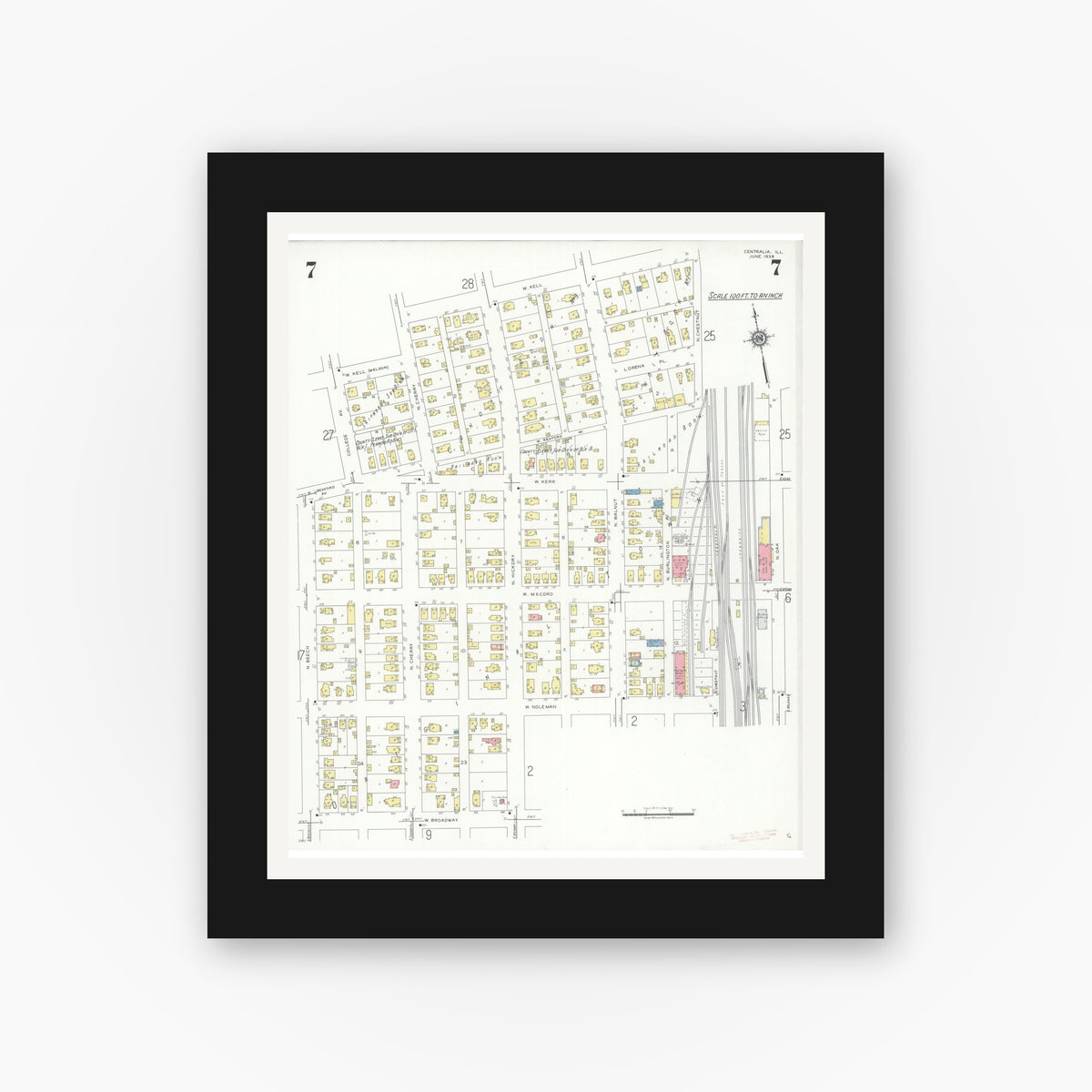 Old map wall art mockup — black gallery frame with white mat — Sanborn Fire Insurance Map from Centralia, Marion, Clinton, Jefferson, and Washington Counties, Illinois (1938), Sheet #0007